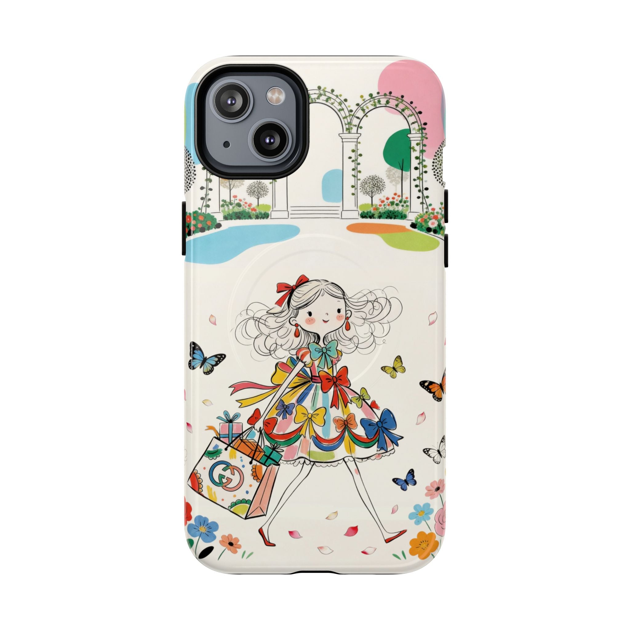 Whimsical Shopping Girl MagSafe iPhone Case | Cute Floral Butterfly Tough Case