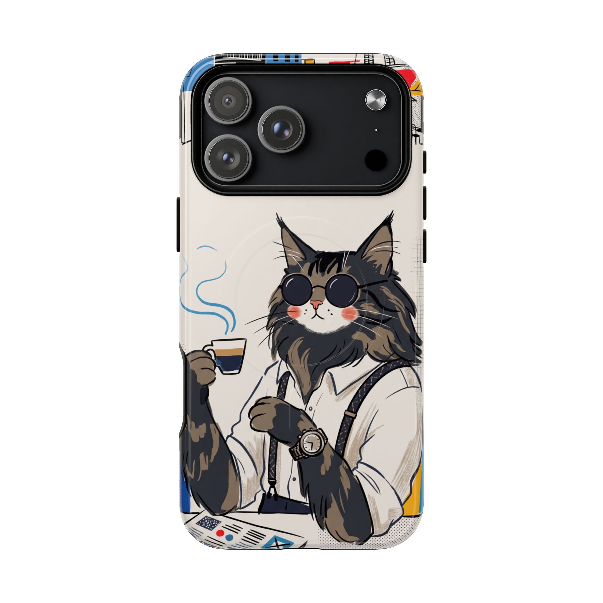 Cat Barista MagSafe iPhone Case | Cool Cat in Sunglasses Coffee Shop Design