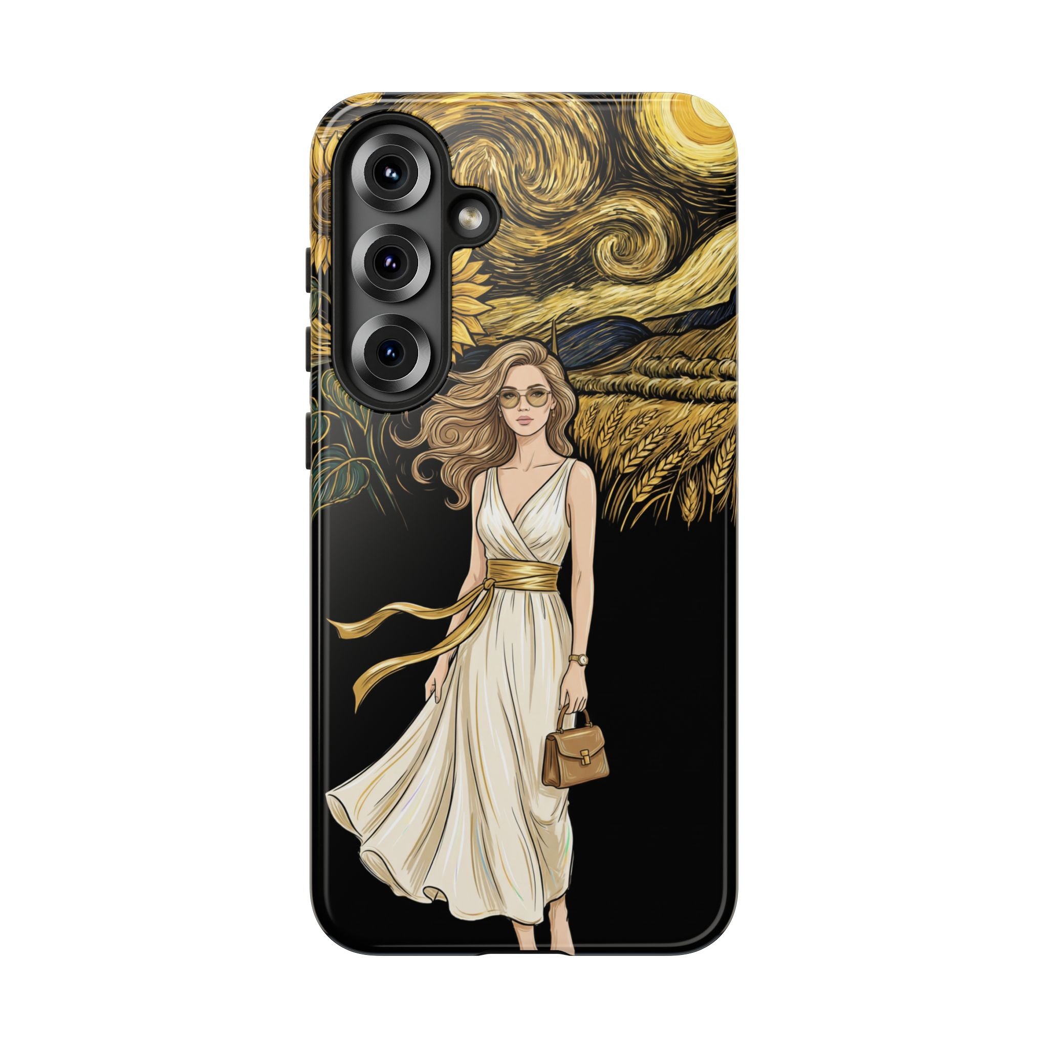 Sunflower Night Samsung Galaxy Phone Case | Woman in Flowing Dress Van Gogh Style