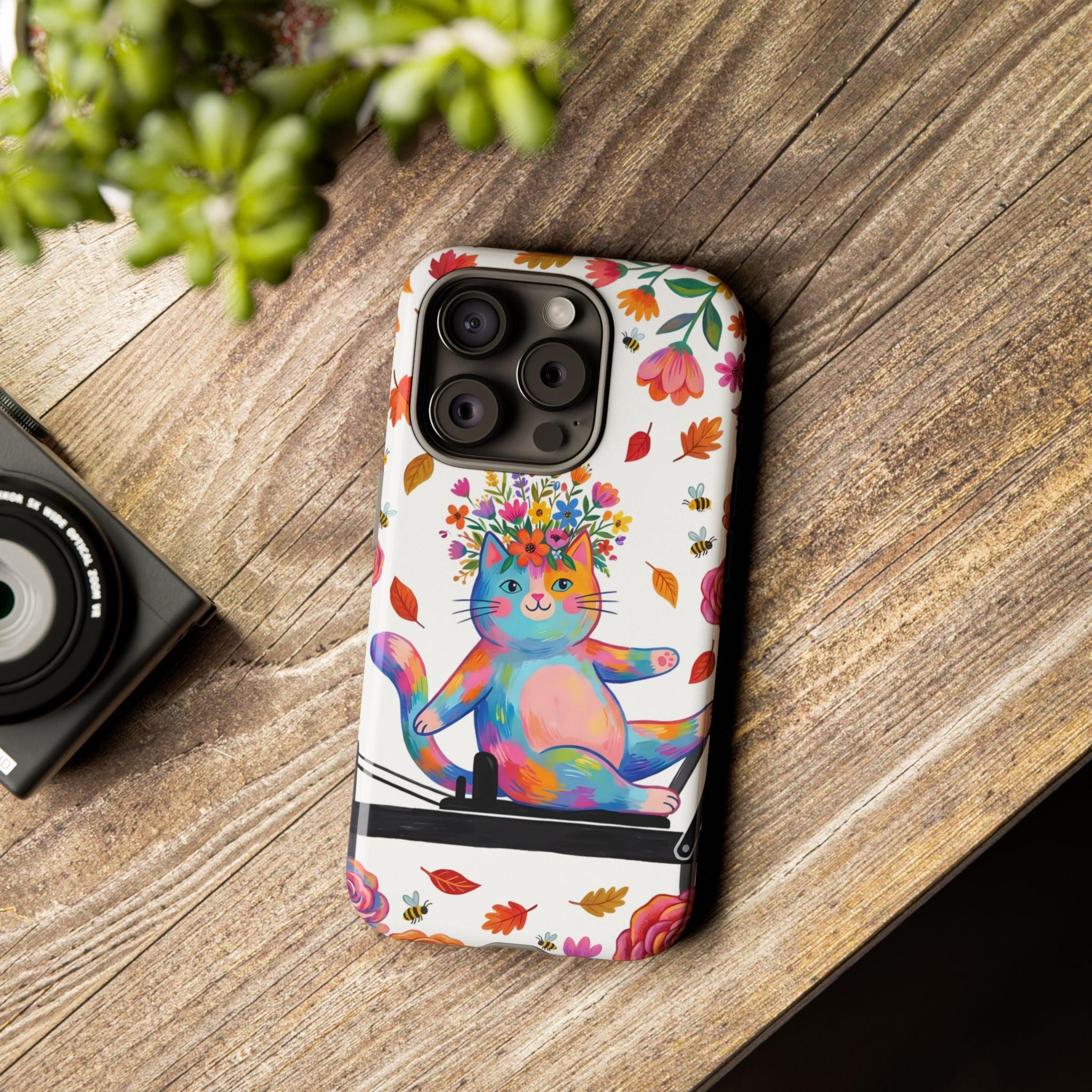 Colorful Floral Cat on Pilates Reformer Protective iPhone Case