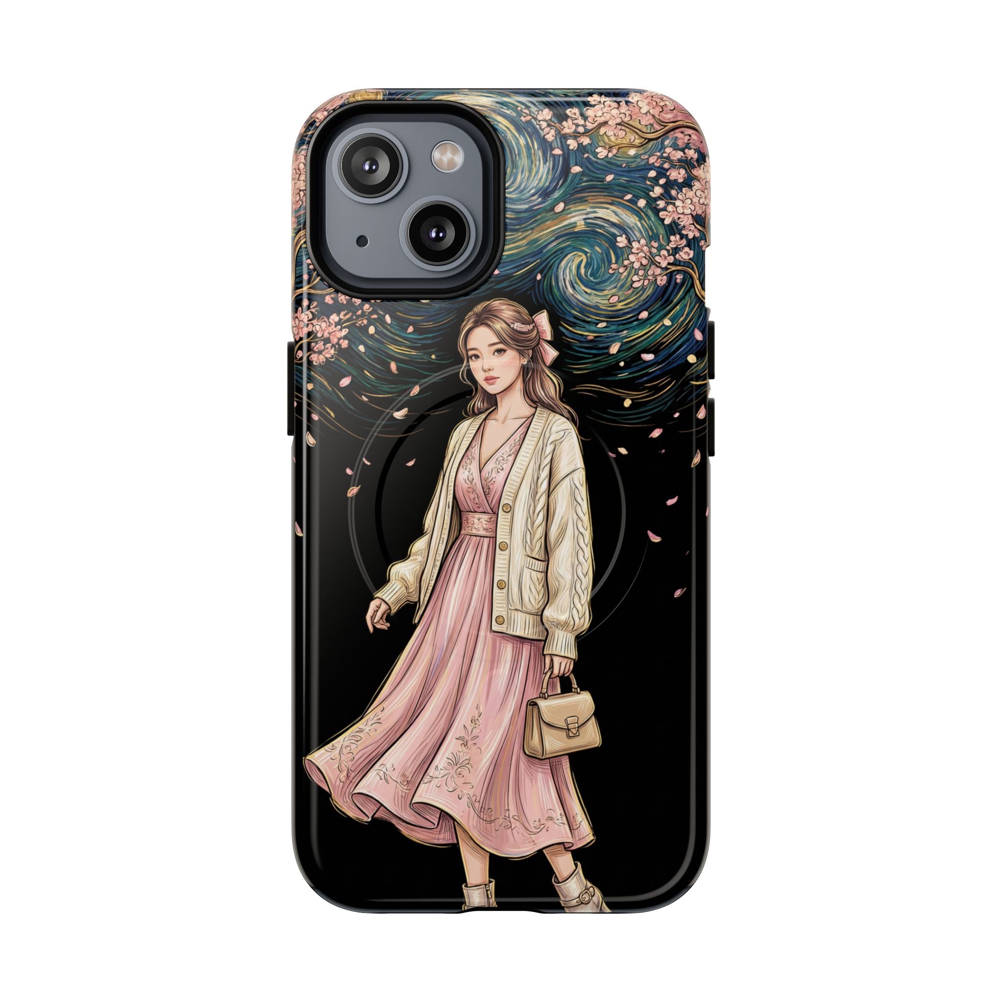 Floral Starry Night MagSafe iPhone Case | Elegant Girl in Pink Dress