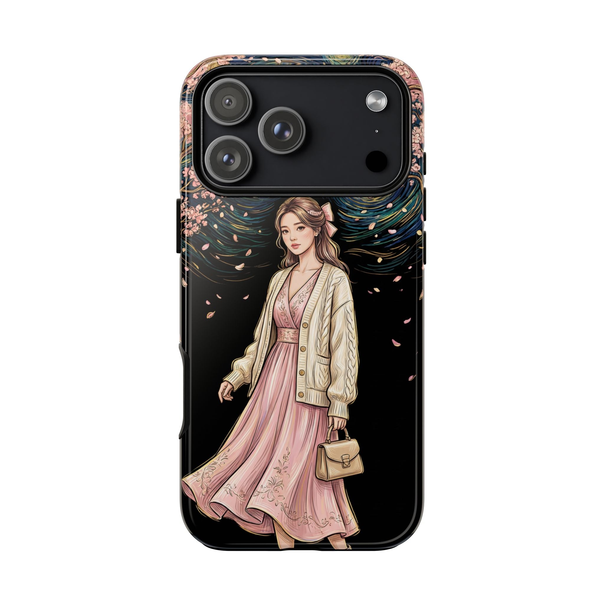 Floral Starry Night iPhone Case | Elegant Girl in Pink Dress