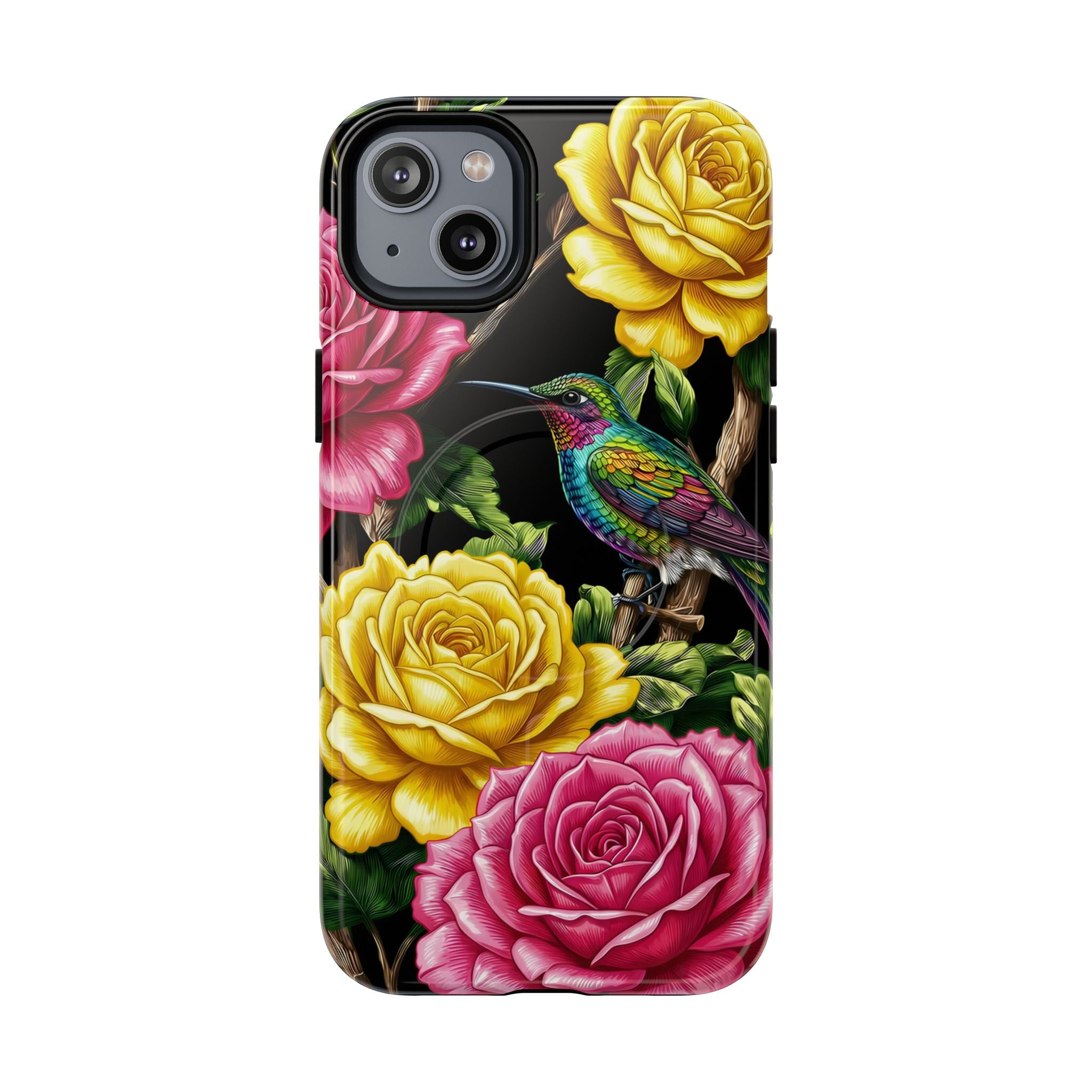 Floral Hummingbird Tough MagSafe iPhone Case | Vibrant Rose & Yellow Garden Protection
