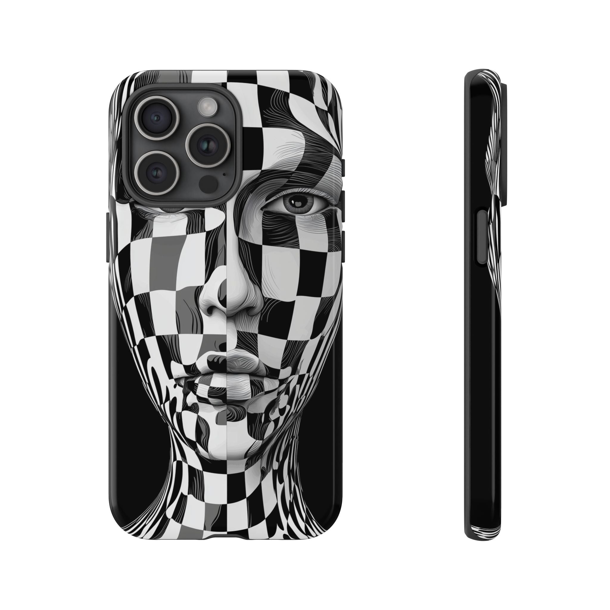 Checkerboard Face Tough iPhone Case — Black & White Surreal Art Protective Cover