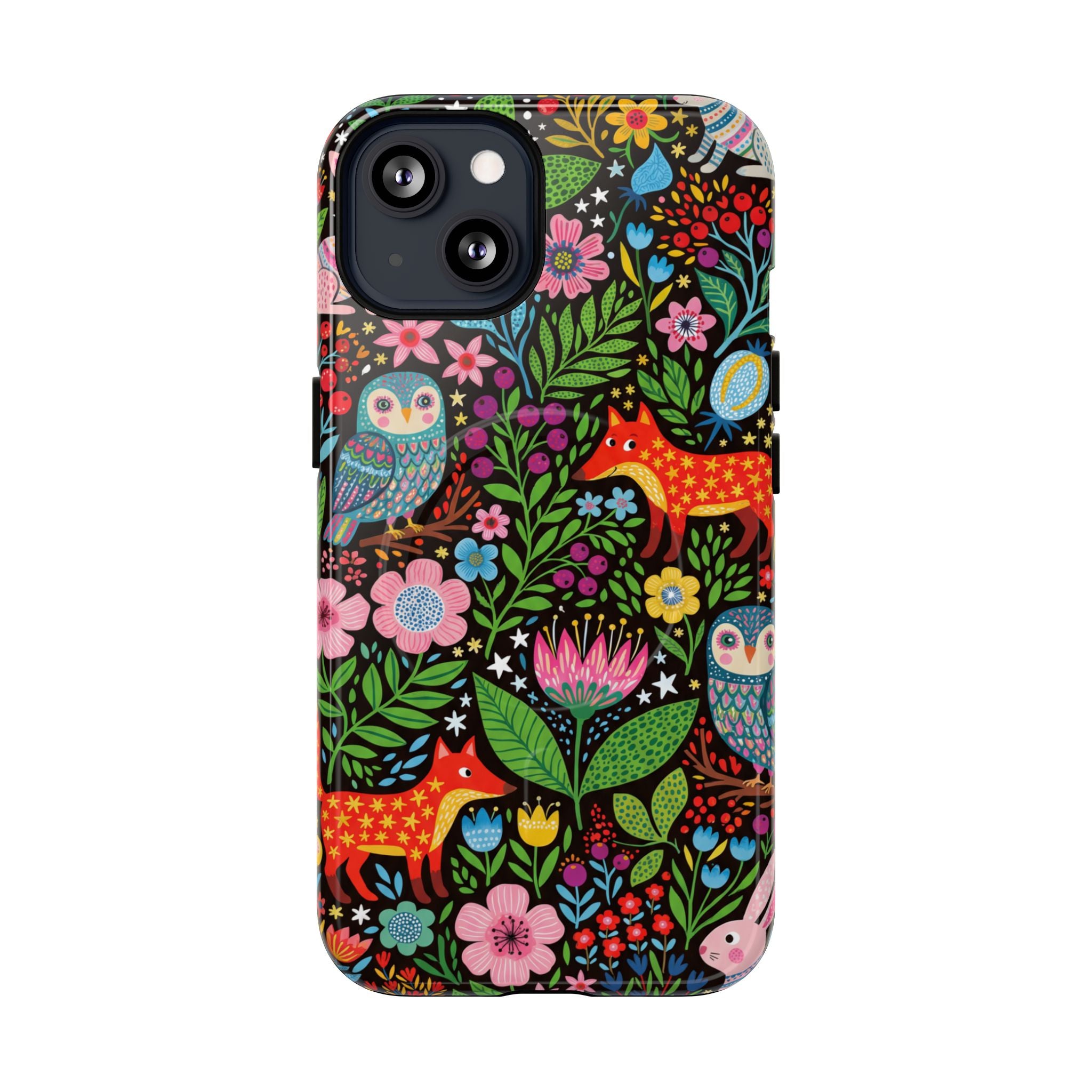 Floral Woodland MagSafe iPhone Case | Colourful Fox & Owl Protective Cover