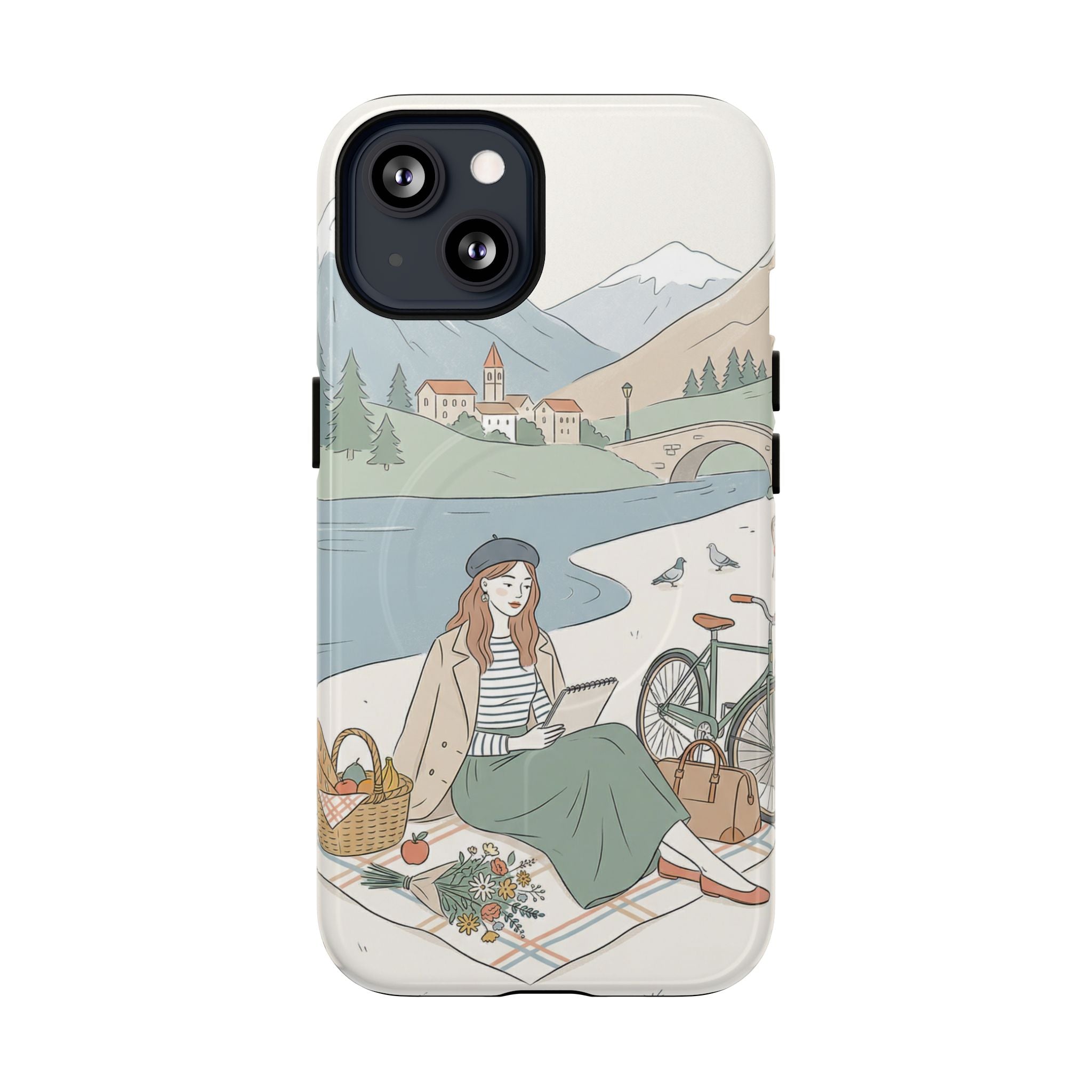 Scenic Picnic MagSafe iPhone Case | Vintage Bicycle & Mountain Illustration