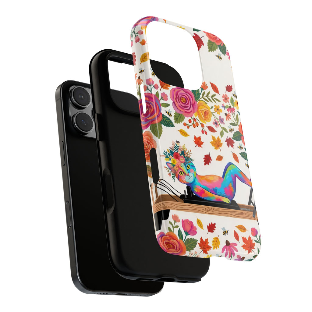 Autumn Floral Pilates iPhone Case | Colorful Rainbow Pilates Cat on Falling Leaves