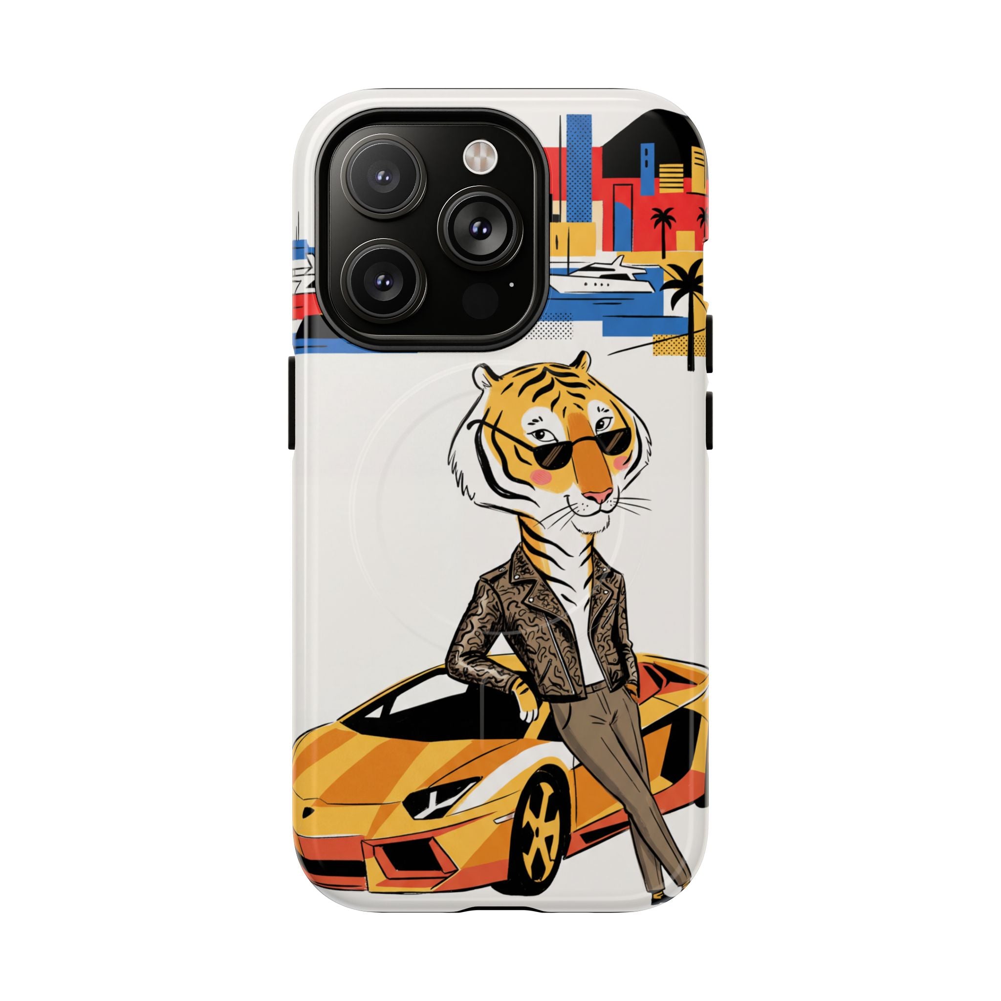 Stylish Tiger with Sports Car Illustration MagSafe iPhone Case