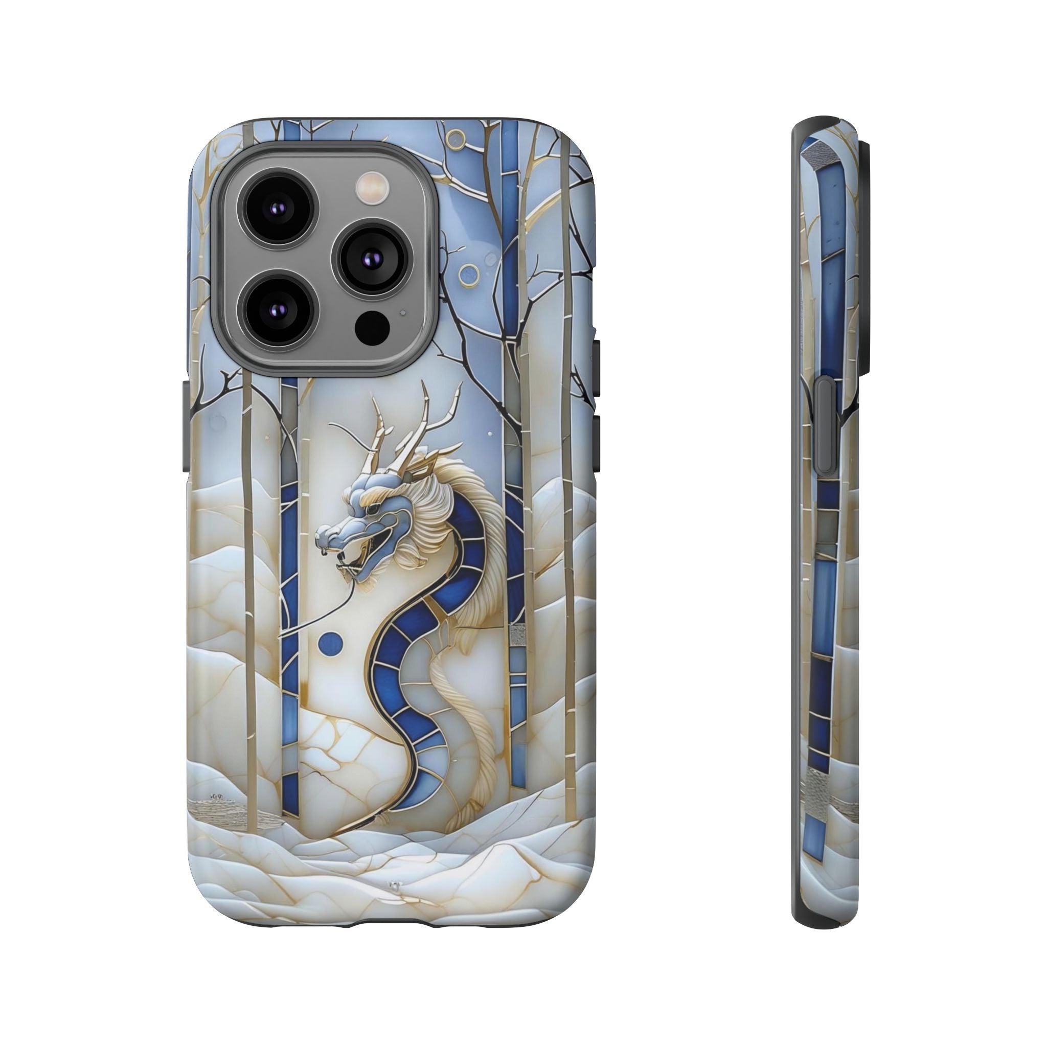 Dragon Stained Glass iPhone Case — Blue Winter Forest Protective Cover