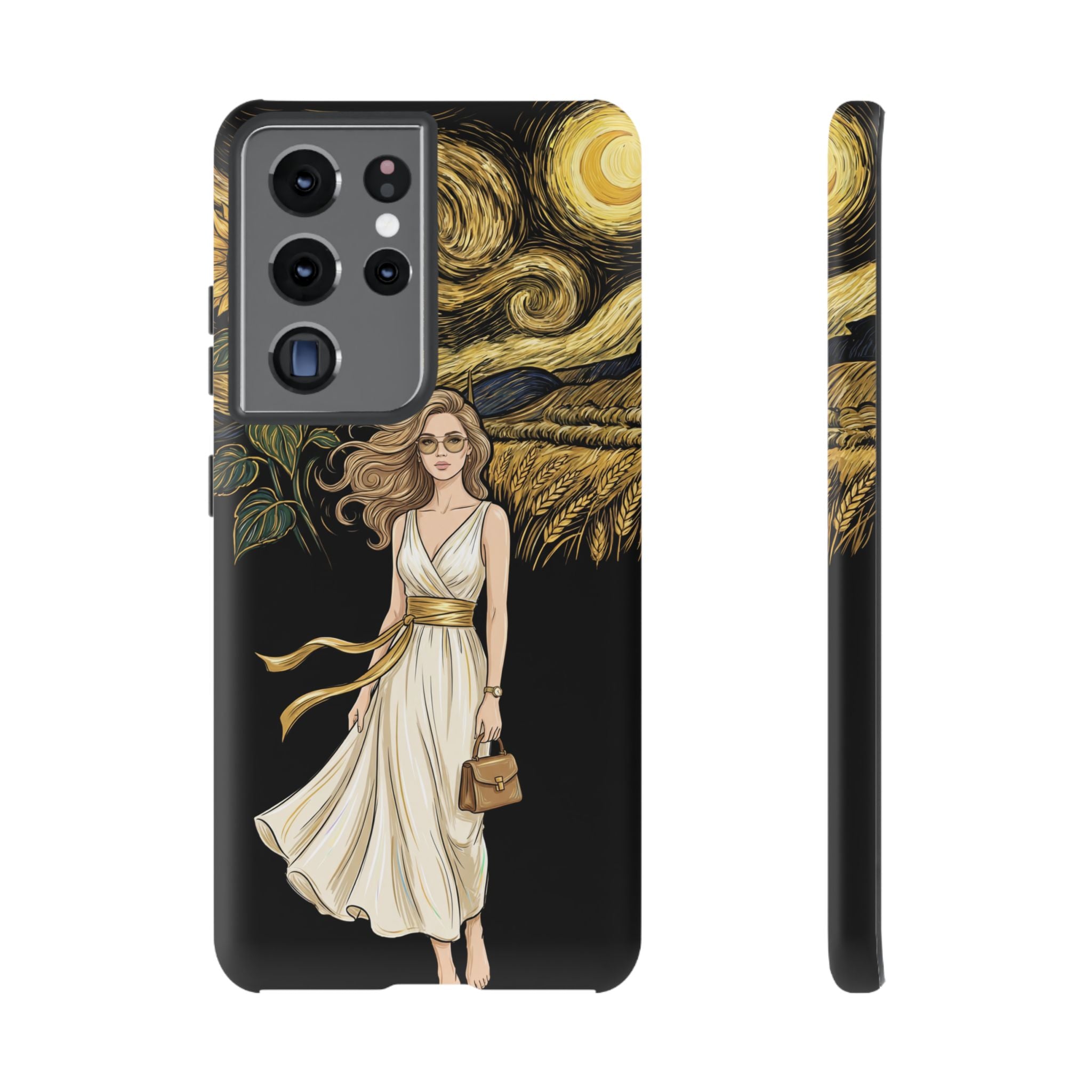 Sunflower Night Samsung Galaxy Phone Case | Woman in Flowing Dress Van Gogh Style