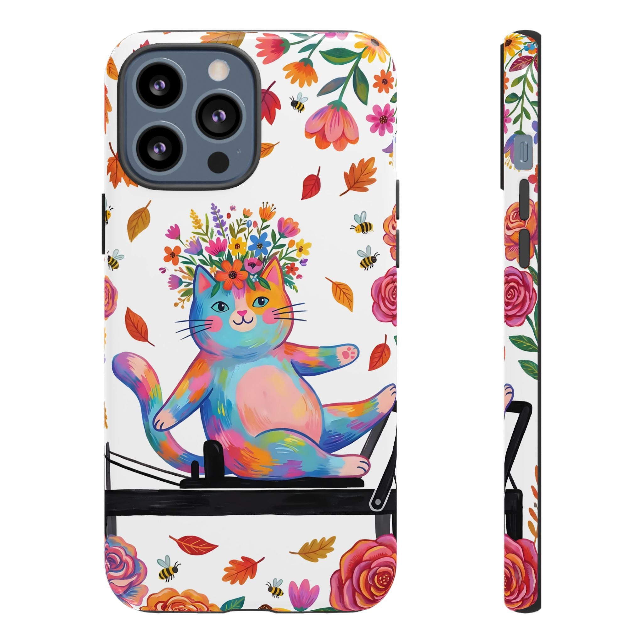 Colorful Floral Cat on Pilates Reformer Protective iPhone Case