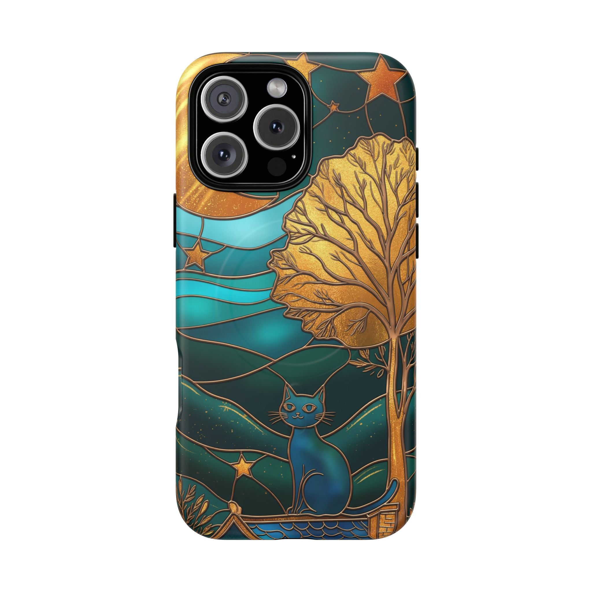 Art Nouveau Cat iPhone Case | Stained Glass Moon & Tree Tough MagSafe Case