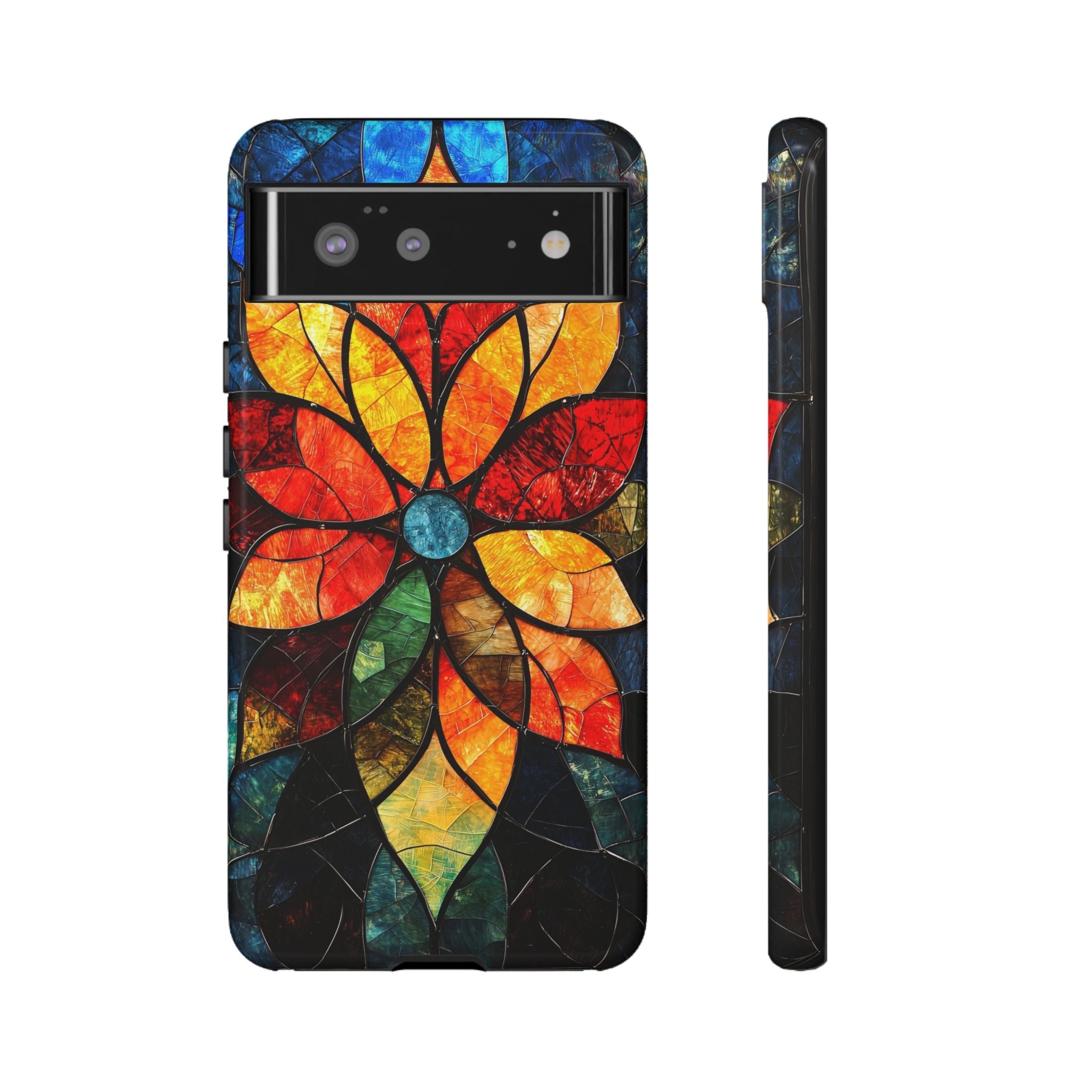 Stained Glass Flower Google Pixel Case — Colorful Mosaic Protective Cover