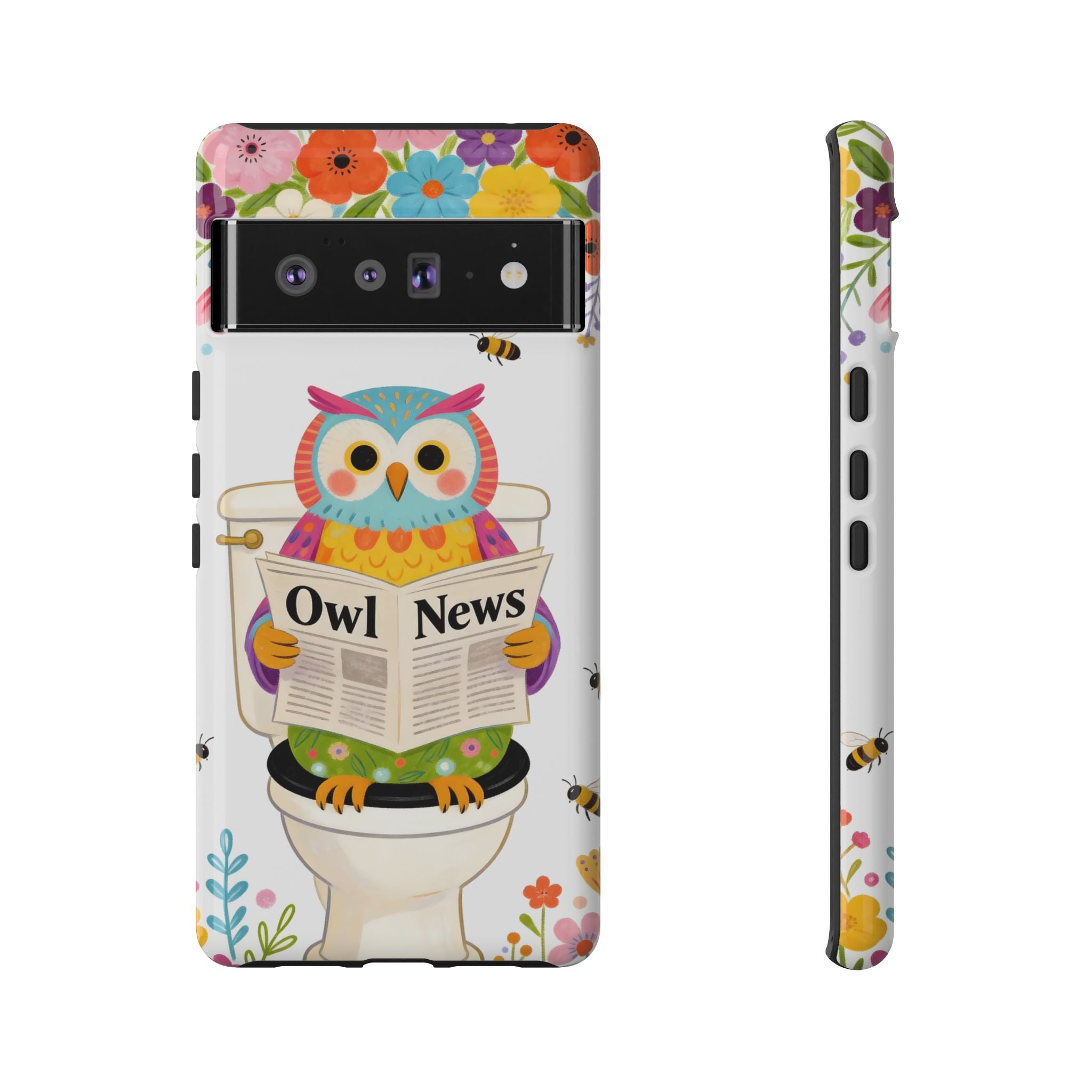 Owl News Floral Google Pixel Phone Case | Cute Owl Reading Newspaper on Toilet