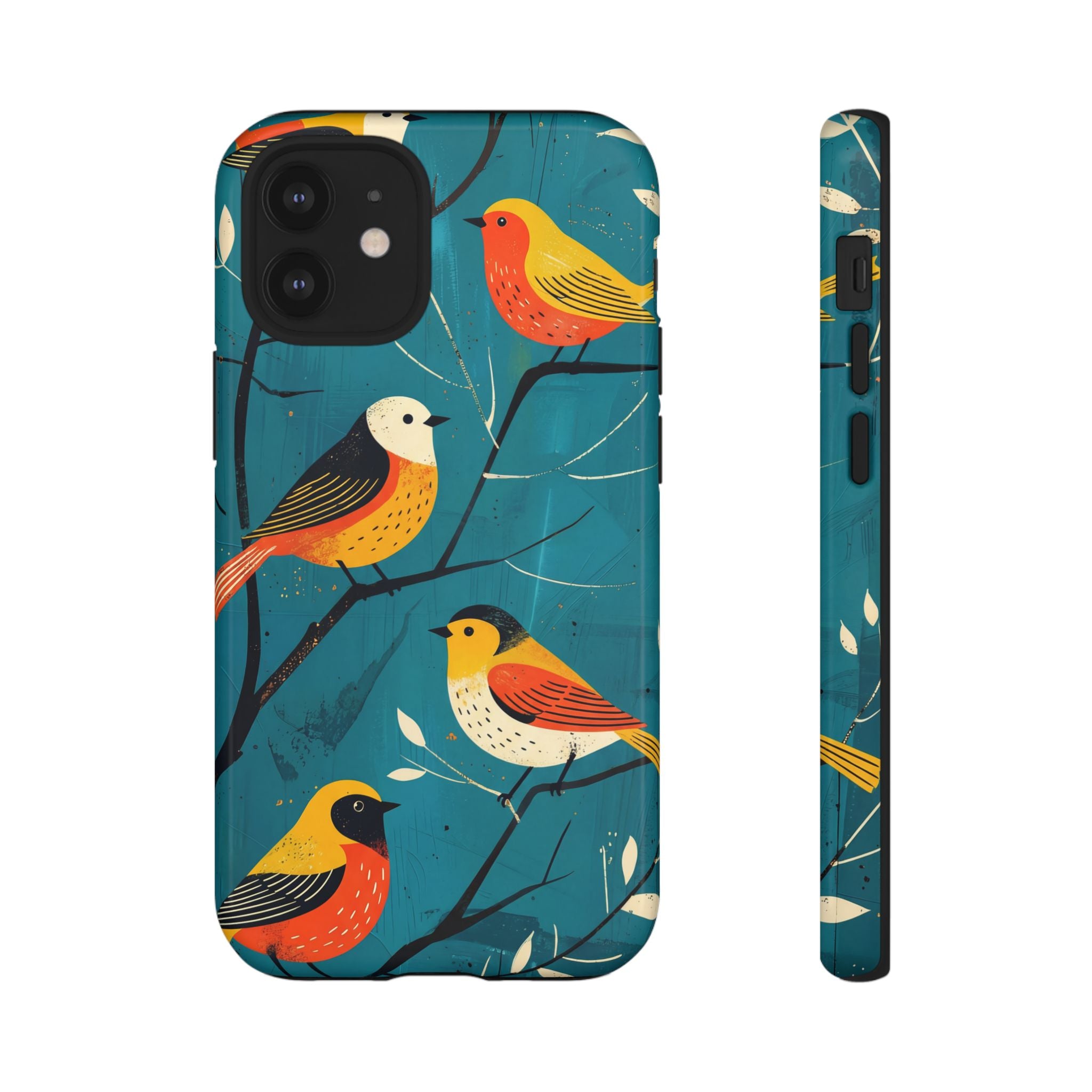Bird Pattern Tough iPhone Case | Colourful Songbirds on Teal Background