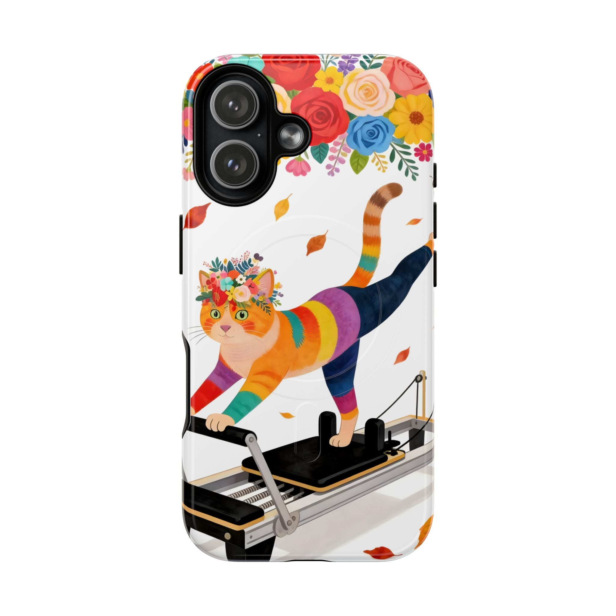Cat Pilates MagSafe iPhone Case | Floral Rainbow Cat on Reformer