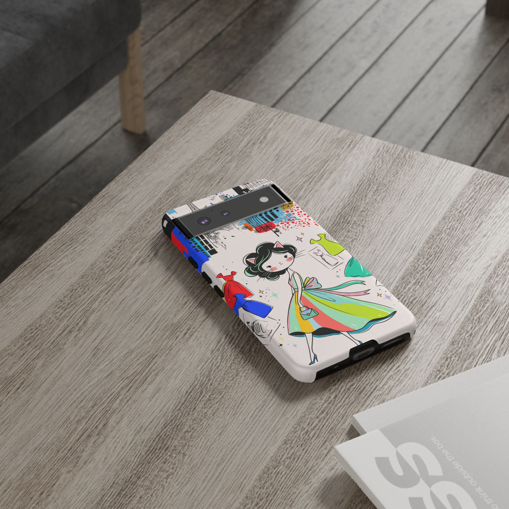 Retro Fashion Cat Girl Google Pixel Phone Case | Cute Dress & City Print