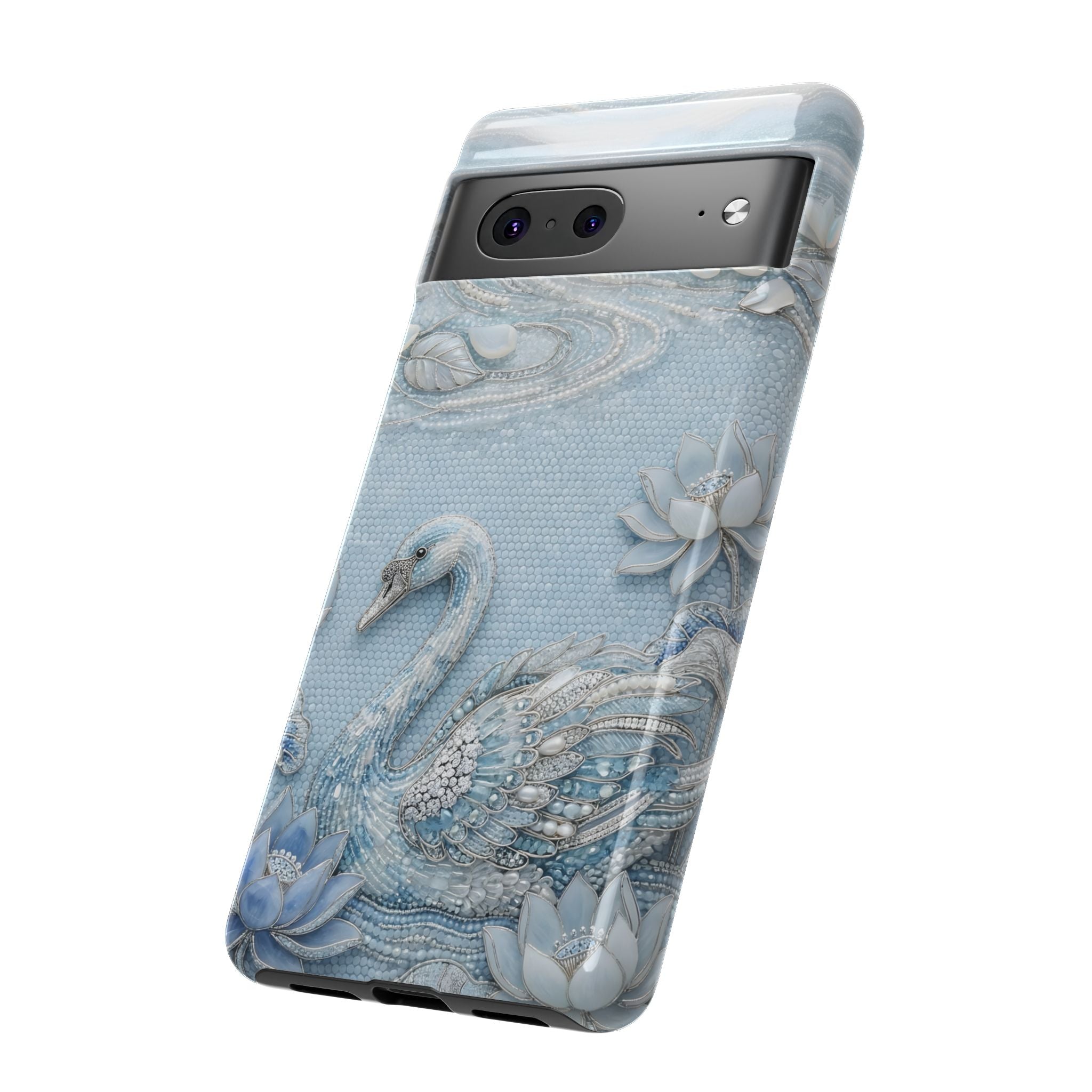 Swan Lake Floral Google Pixel Phone Case | Sparkling Blue Swan Protective Case