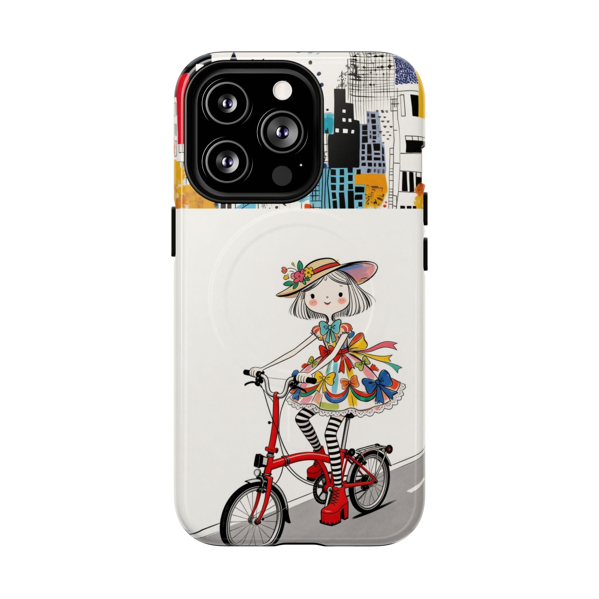 Whimsical Girl on Brompton Bicycle Urban Illustration MagSafe iPhone Case