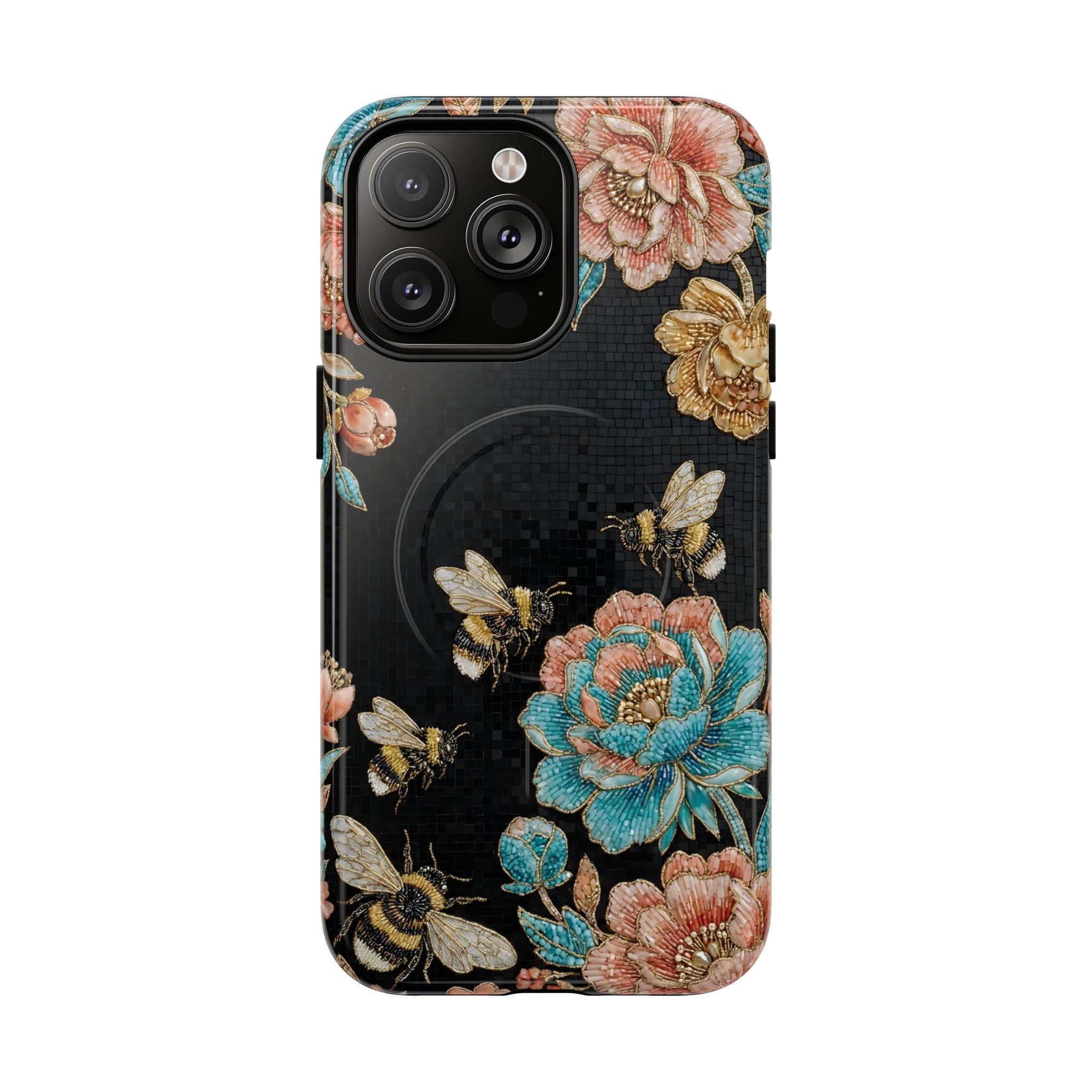 Floral Bees Tough MagSafe iPhone Case | Vintage Rose & Bumblebee Protective Cover