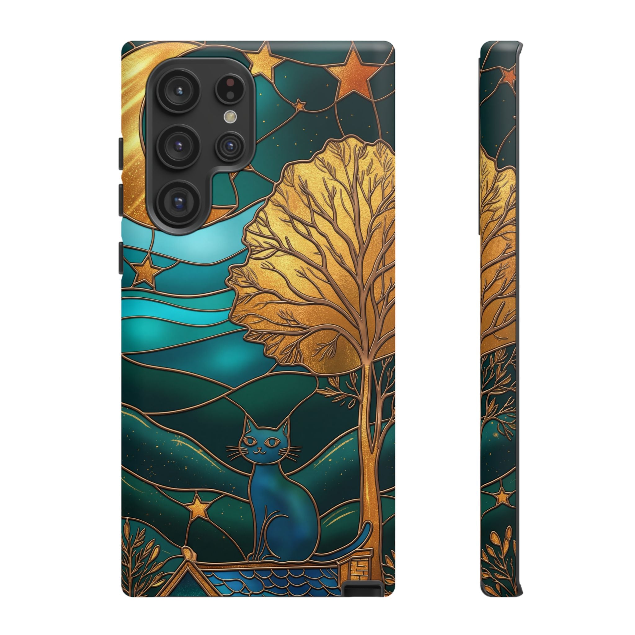 Stained Glass Cat Tough Samsung Galaxy Case | Gold Tree & Starry Night Design