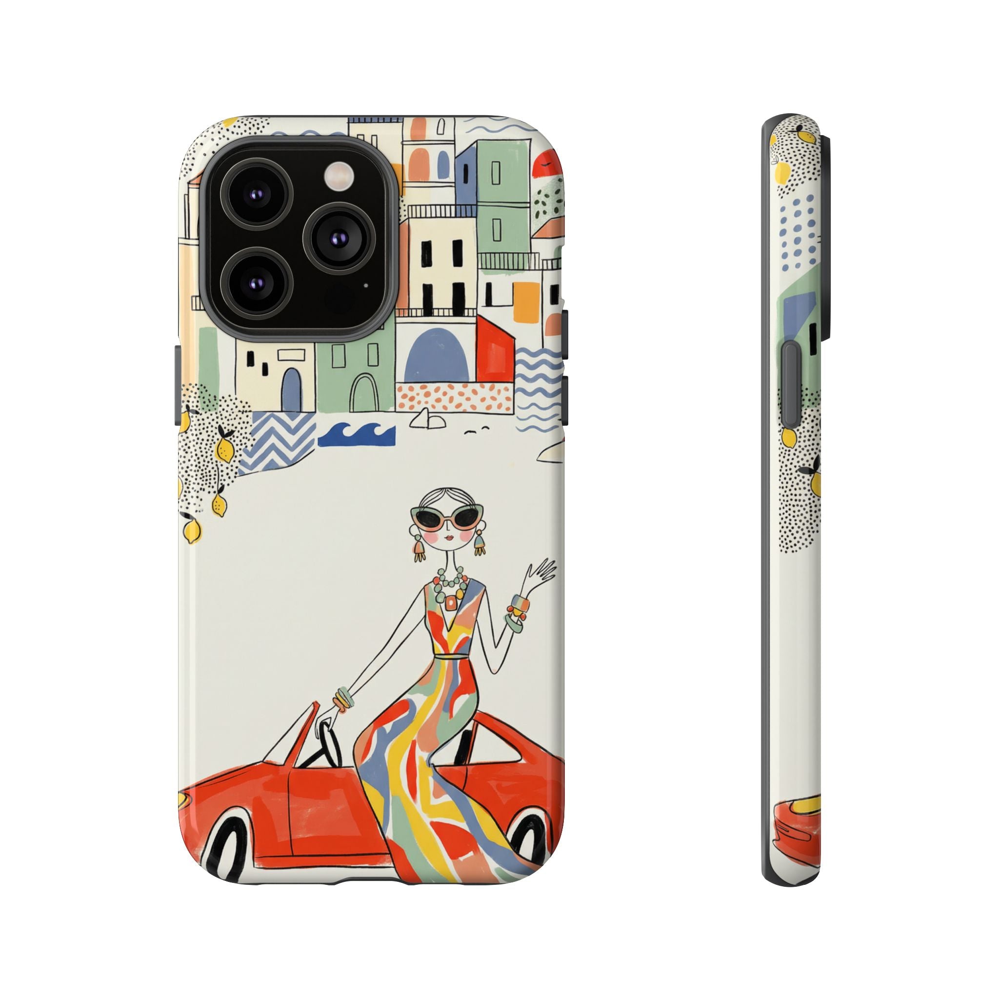 Stylish Riviera iPhone Case | Chic Retro Woman in Convertible Design