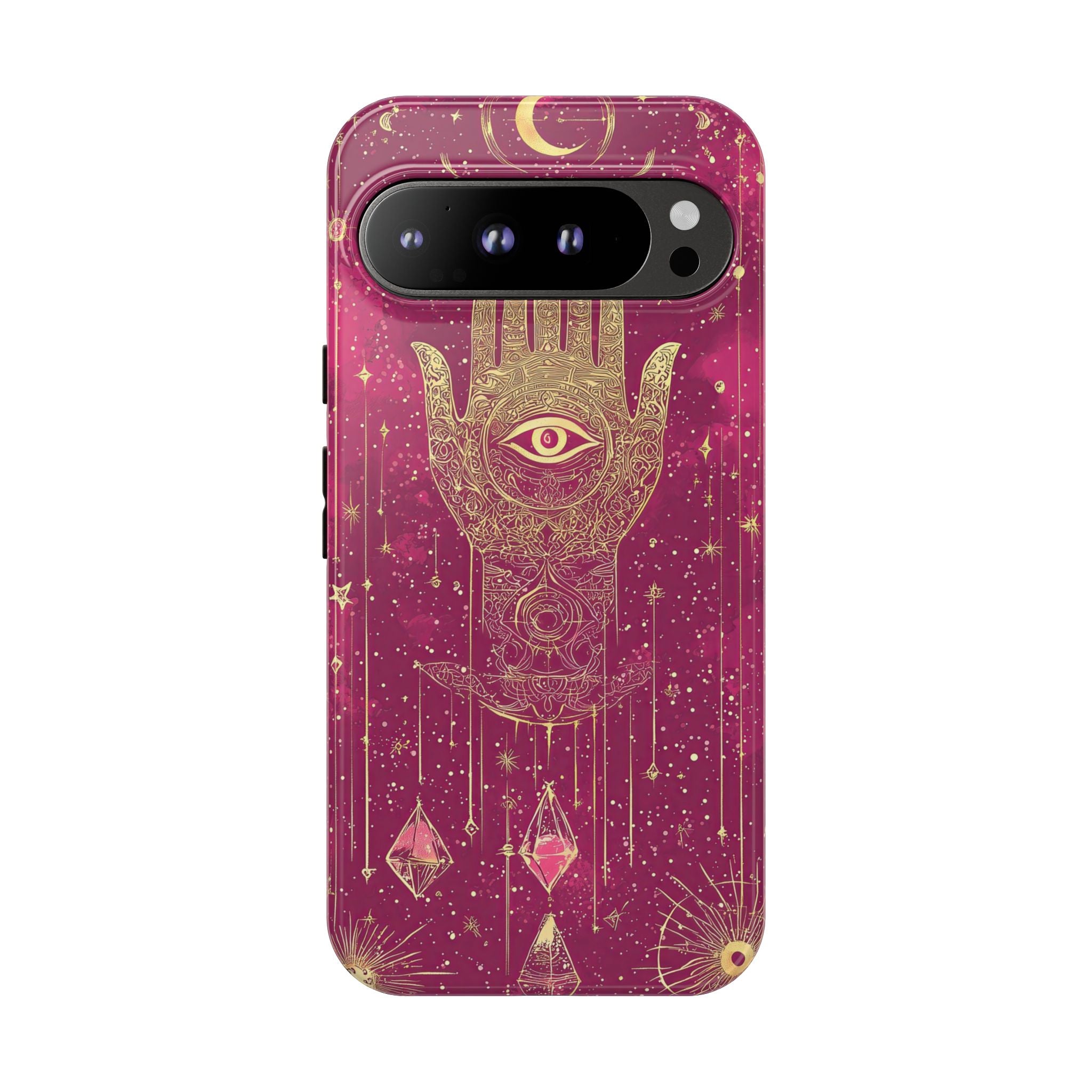 Mystic Hamsa Google Pixel Case | Gold Palm & All-Seeing Eye on Magenta Galaxy