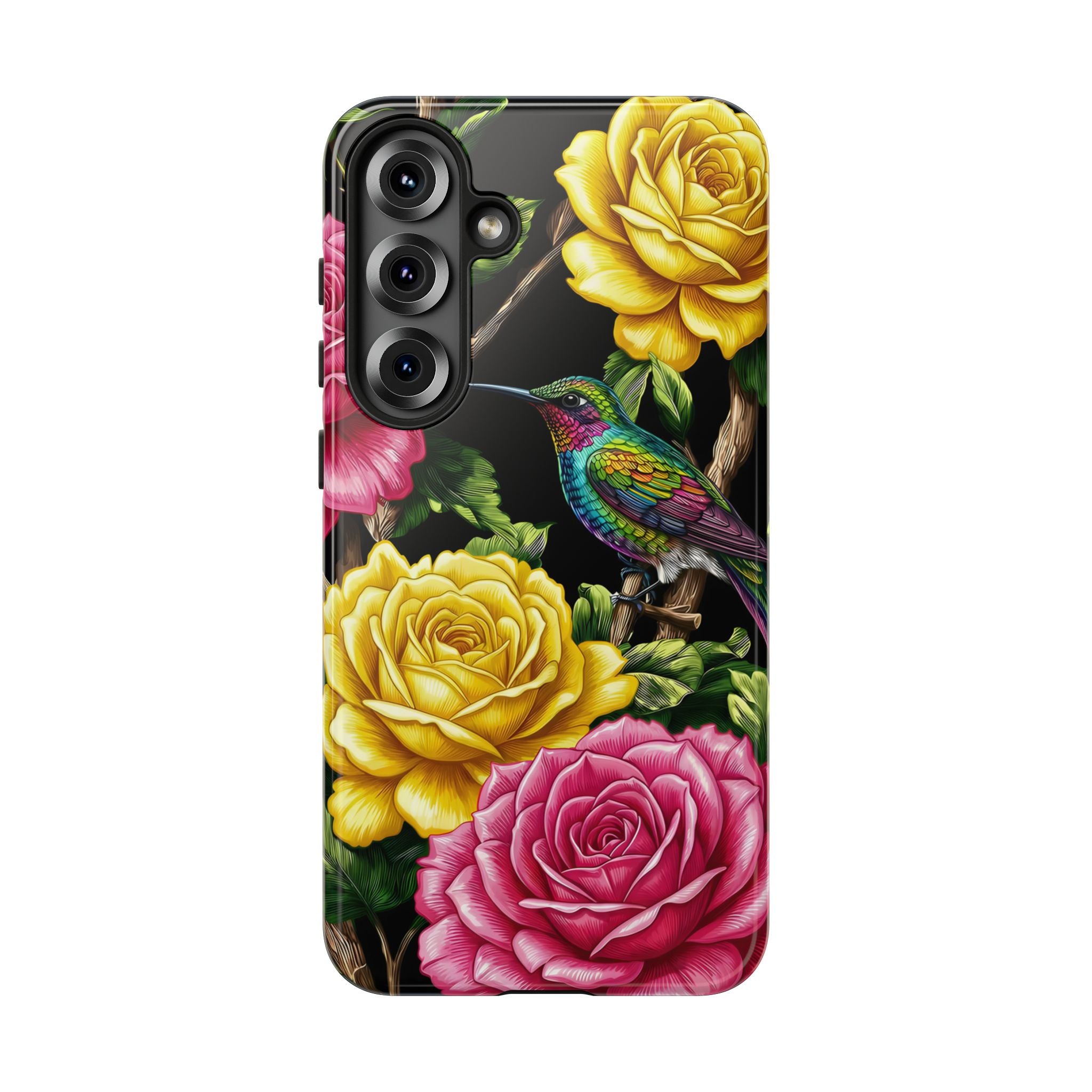 Floral Hummingbird Tough Samsung Galaxy Phone Case | Vibrant Rose & Yellow Garden Protection