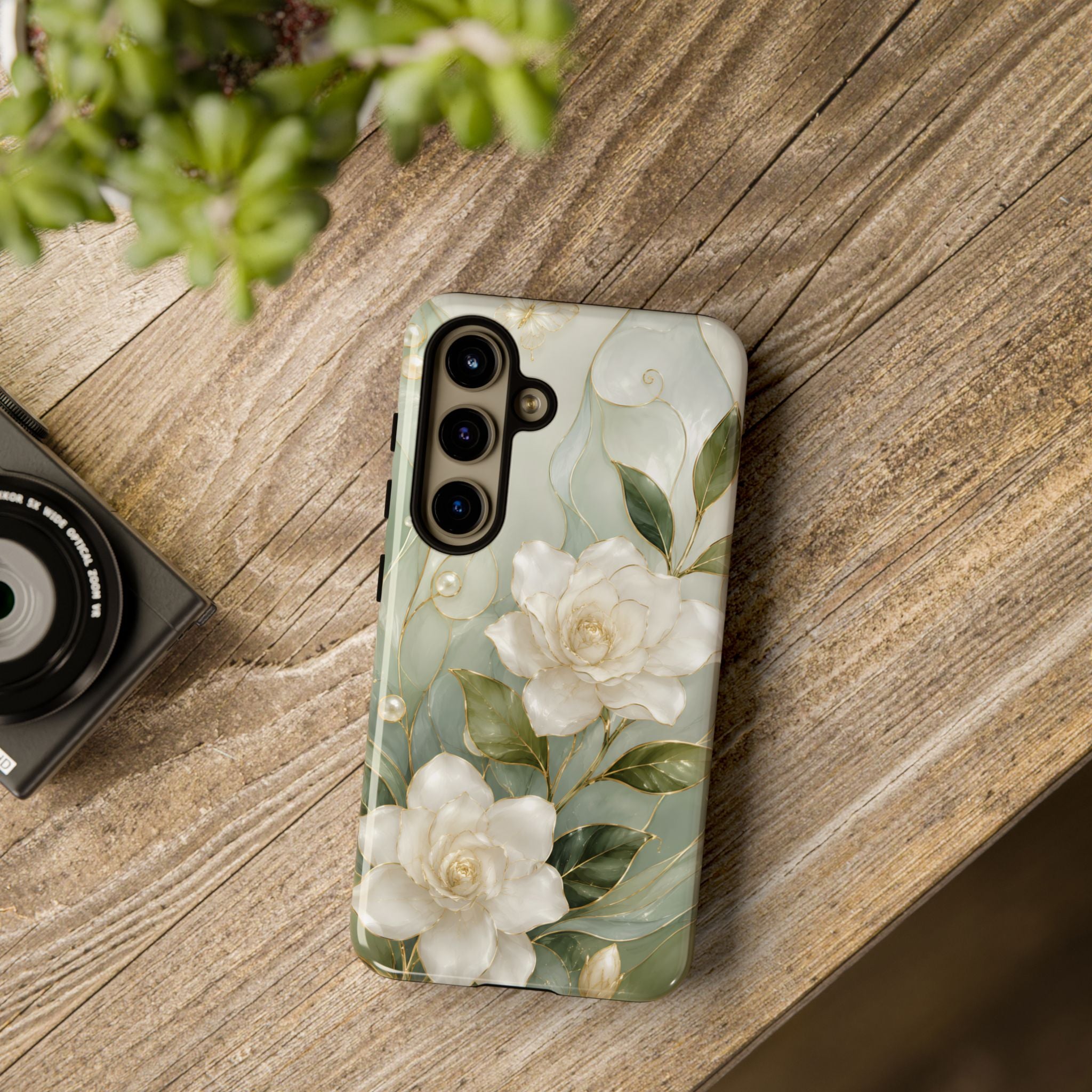 White Floral Samsung Galaxy Phone Case | Sage Green Botanical Phone Case