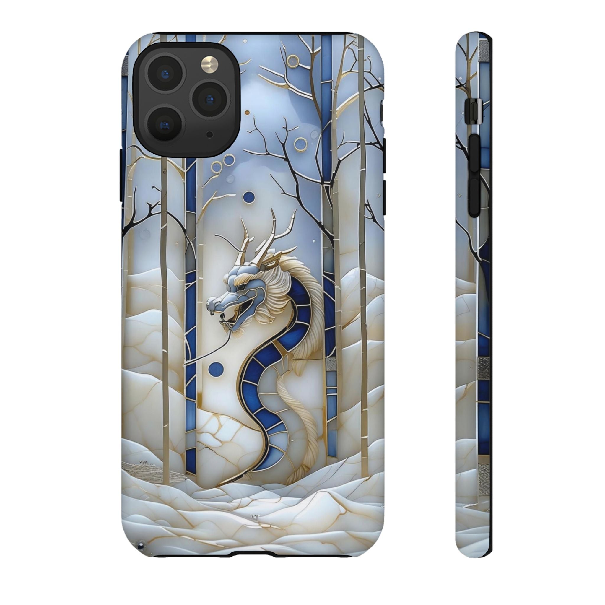 Dragon Stained Glass iPhone Case — Blue Winter Forest Protective Cover