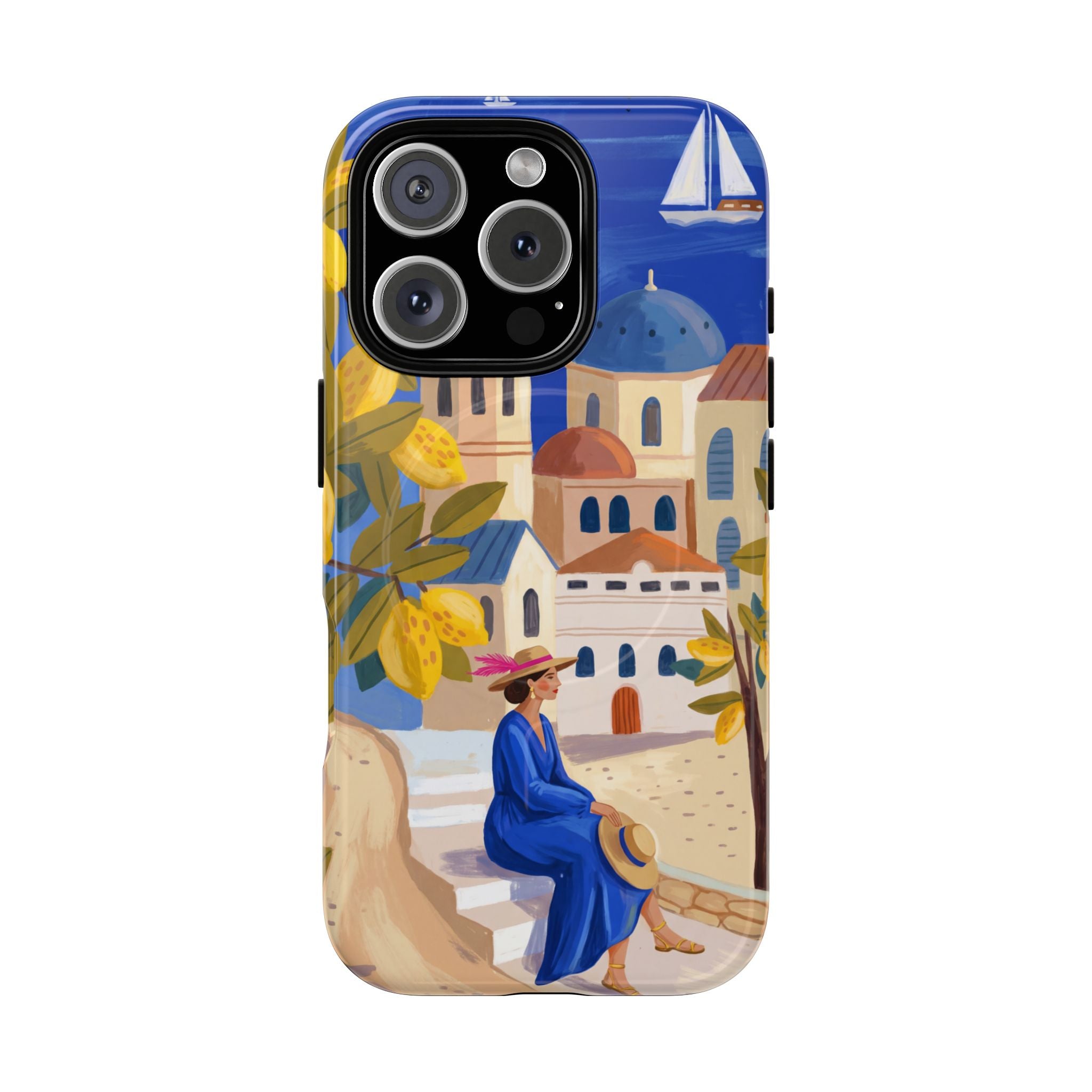Mediterranean Village MagSafe iPhone Case | Scenic Sailboat & Lemon Grove Design