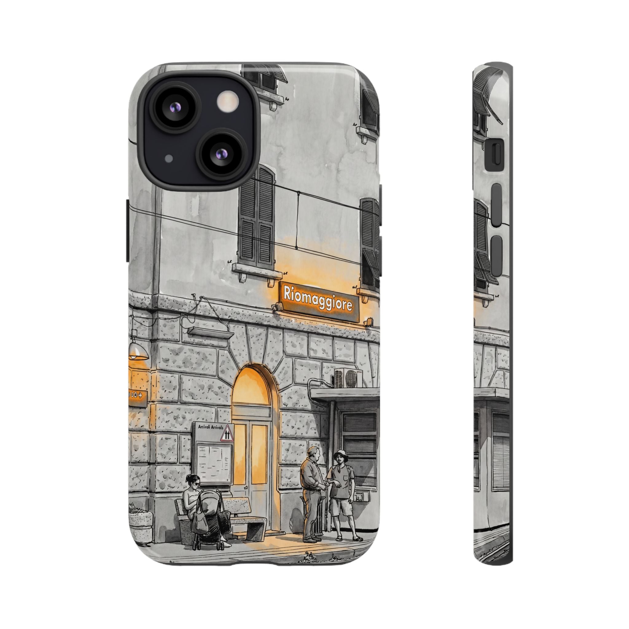 Cinque Terre Train Station iPhone Case | Black & White Sketch with Warm Yellow Accents