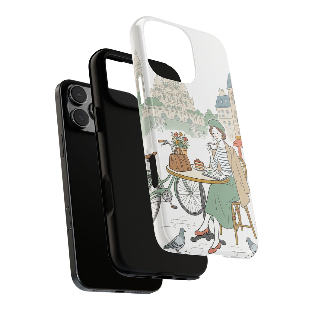 Cover protettiva per iPhone con illustrazione di caffè parigino | Biciclette e piccioni vintage