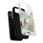 Cover protettiva per iPhone con illustrazione di caffè parigino | Biciclette e piccioni vintage