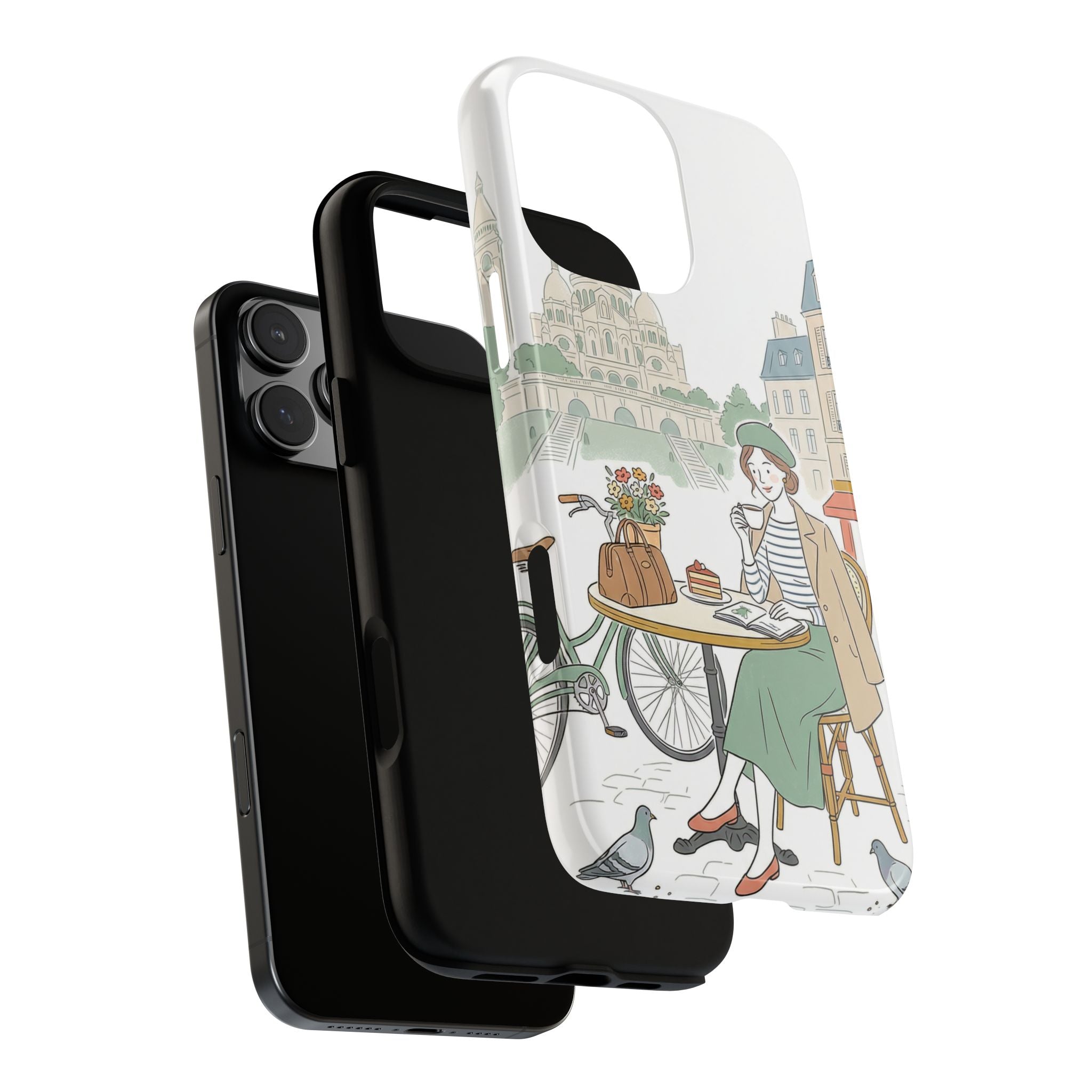 Cover protettiva per iPhone con illustrazione di caffè parigino | Biciclette e piccioni vintage