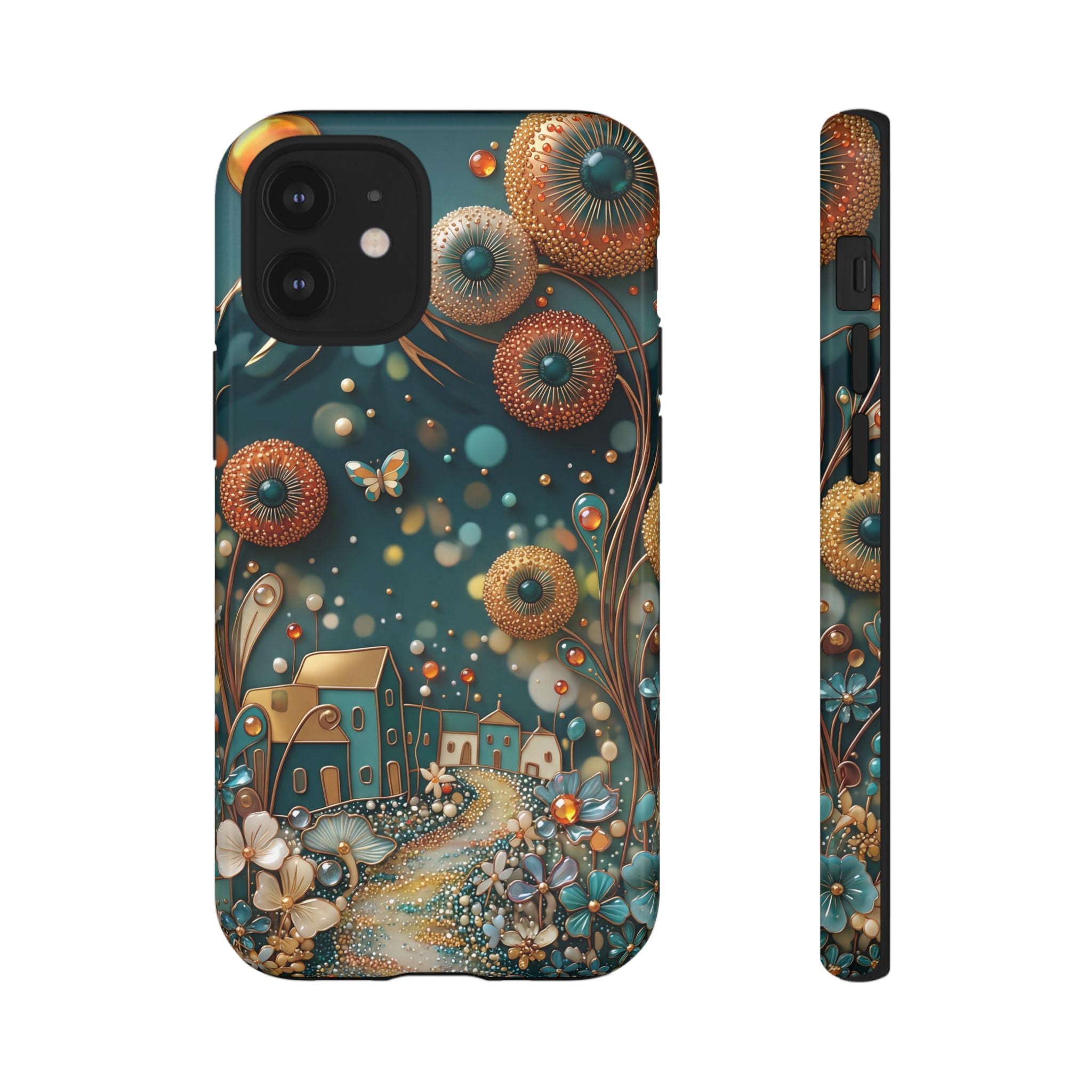 Whimsical Night Village iPhone Case | Floral Moonlit Art Tough Case