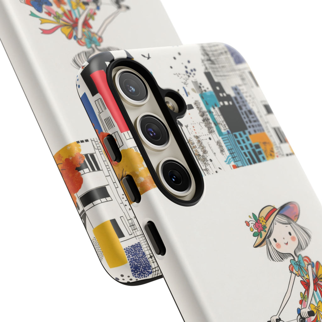 Whimsical Girl on Brompton Bicycle Urban Illustration Samsung Galaxy Phone Case