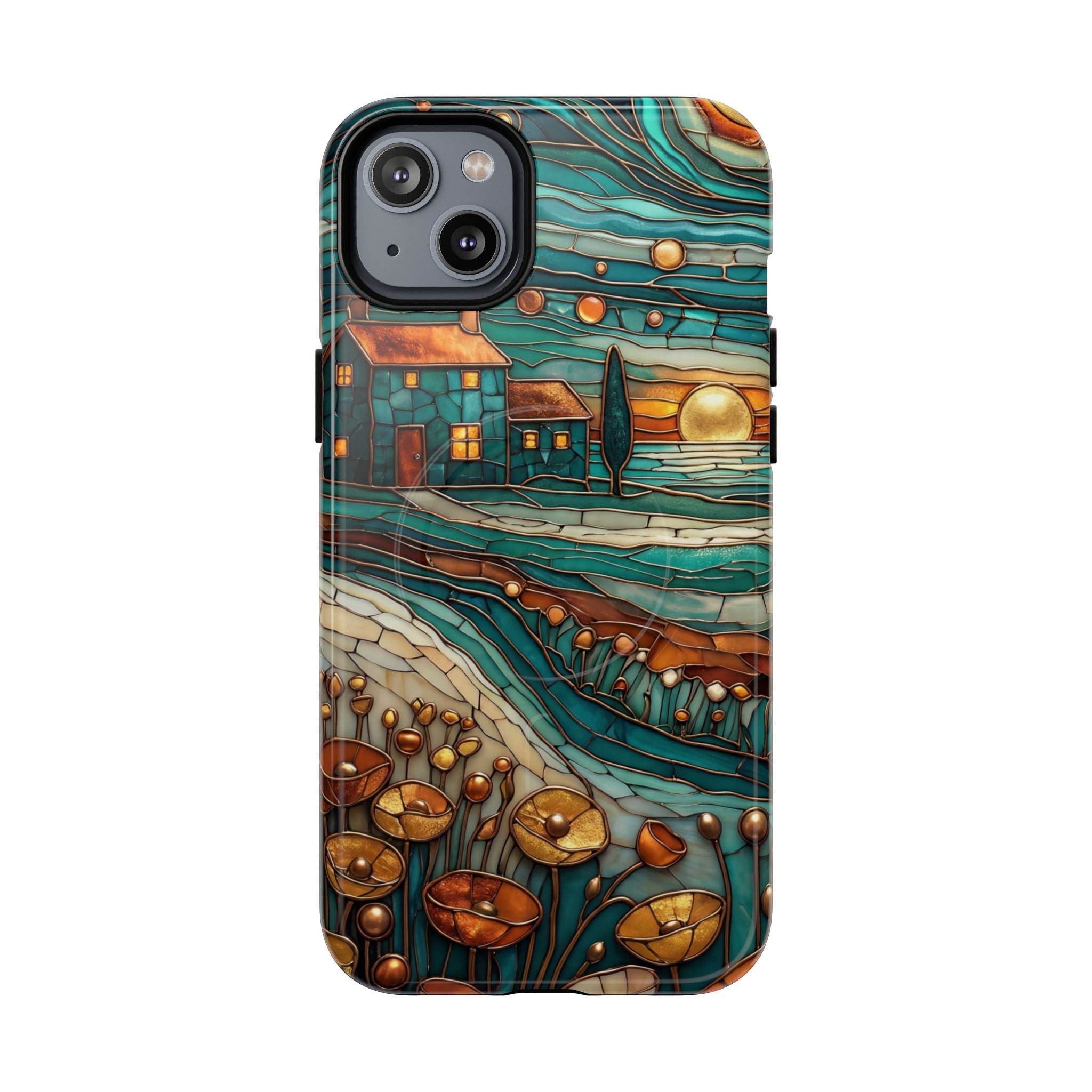 Custodia per telefono MagSafe resistente con paesaggio rustico al tramonto | Custodia protettiva artistica color verde acqua e rame