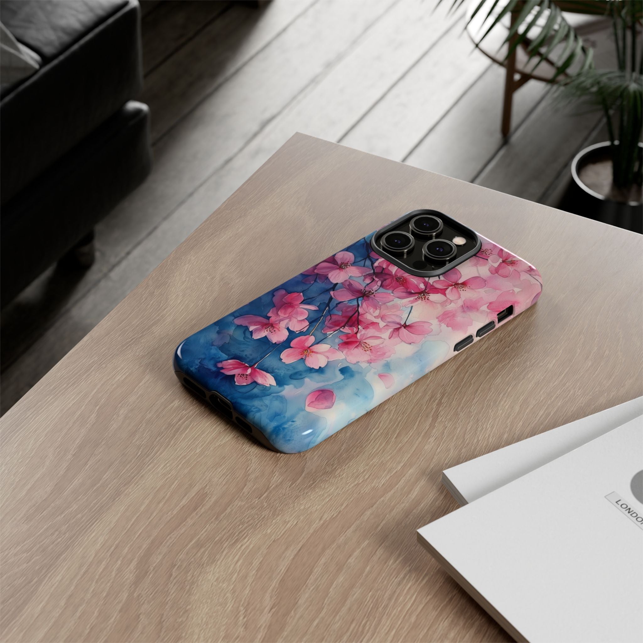 Floral Cherry Blossom iPhone Case | Pink Blue Watercolour