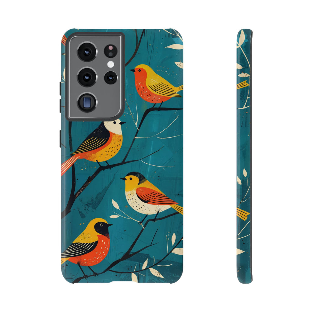 Bird Pattern Tough Samsung Galaxy Phone Case | Colourful Songbirds on Teal Background