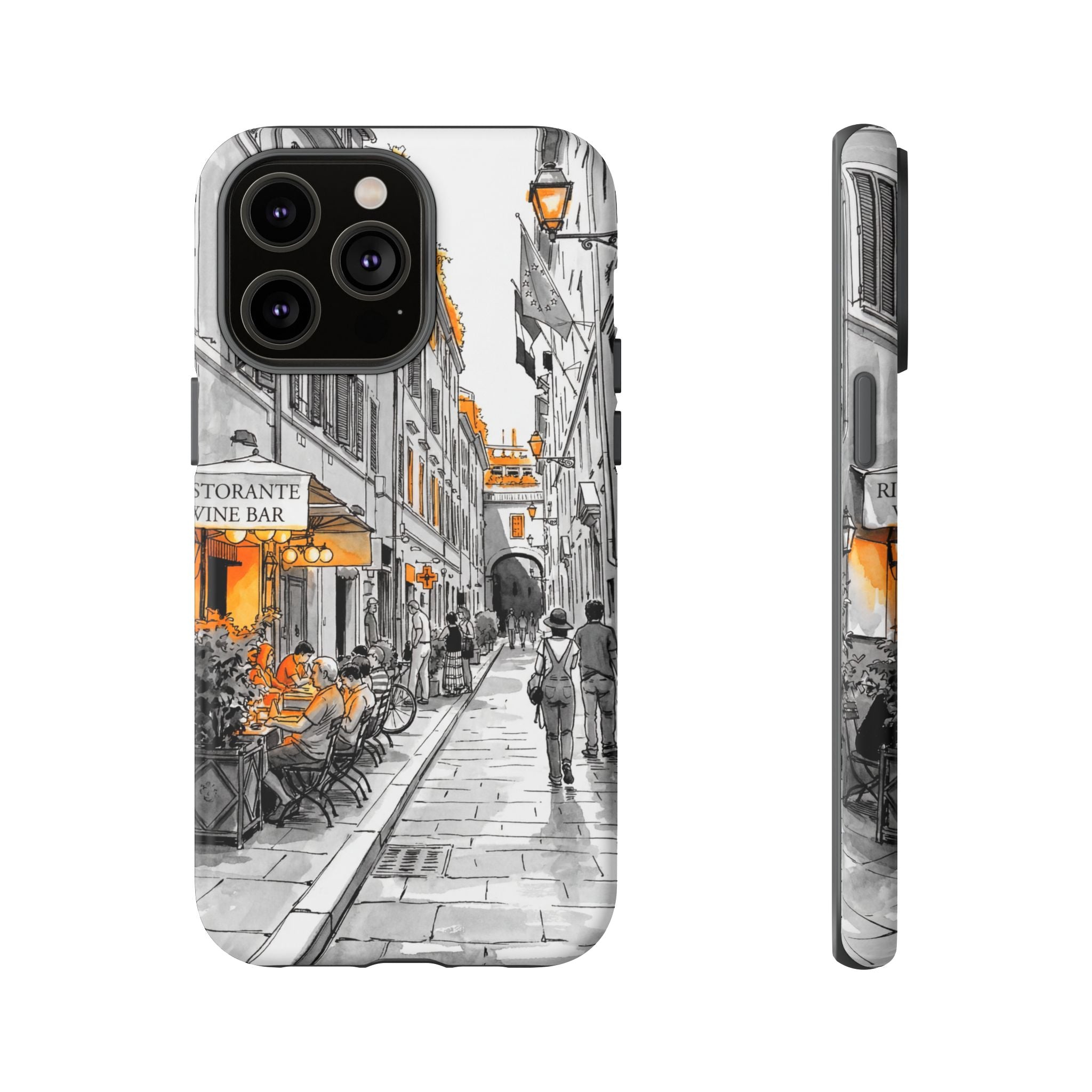 Vintage Italy Street iPhone Case | Black & White Sketch with Orange Accent