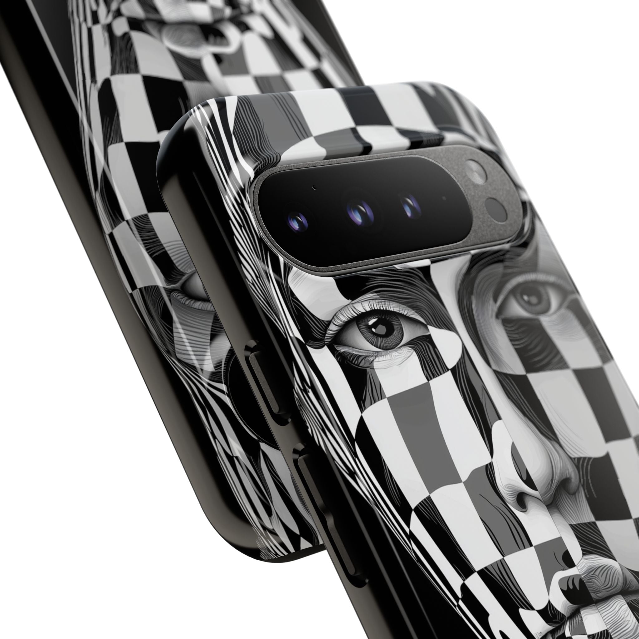 Checkerboard Face Tough Google Pixel Case — Black & White Surreal Art Protective Cover