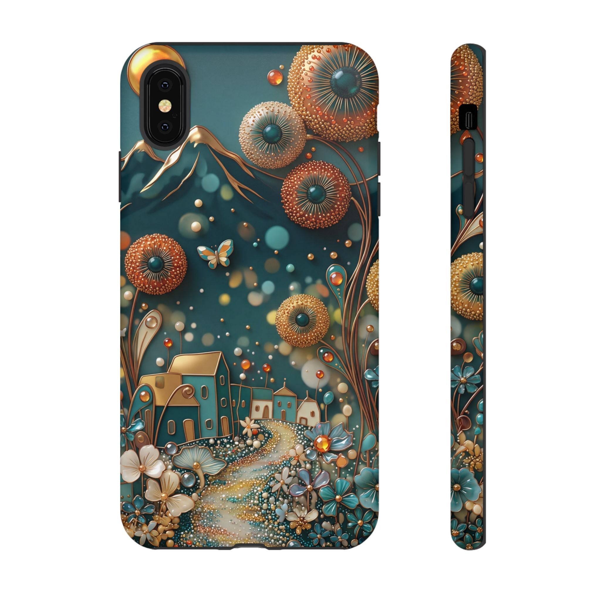 Whimsical Night Village iPhone Case | Floral Moonlit Art Tough Case