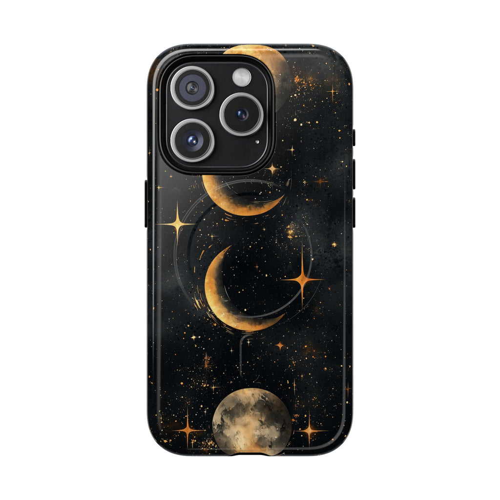 Custodia rigida MagSafe per iPhone con fasi lunari celestiali | Design a forma di galassia con mezzaluna dorata e luna piena