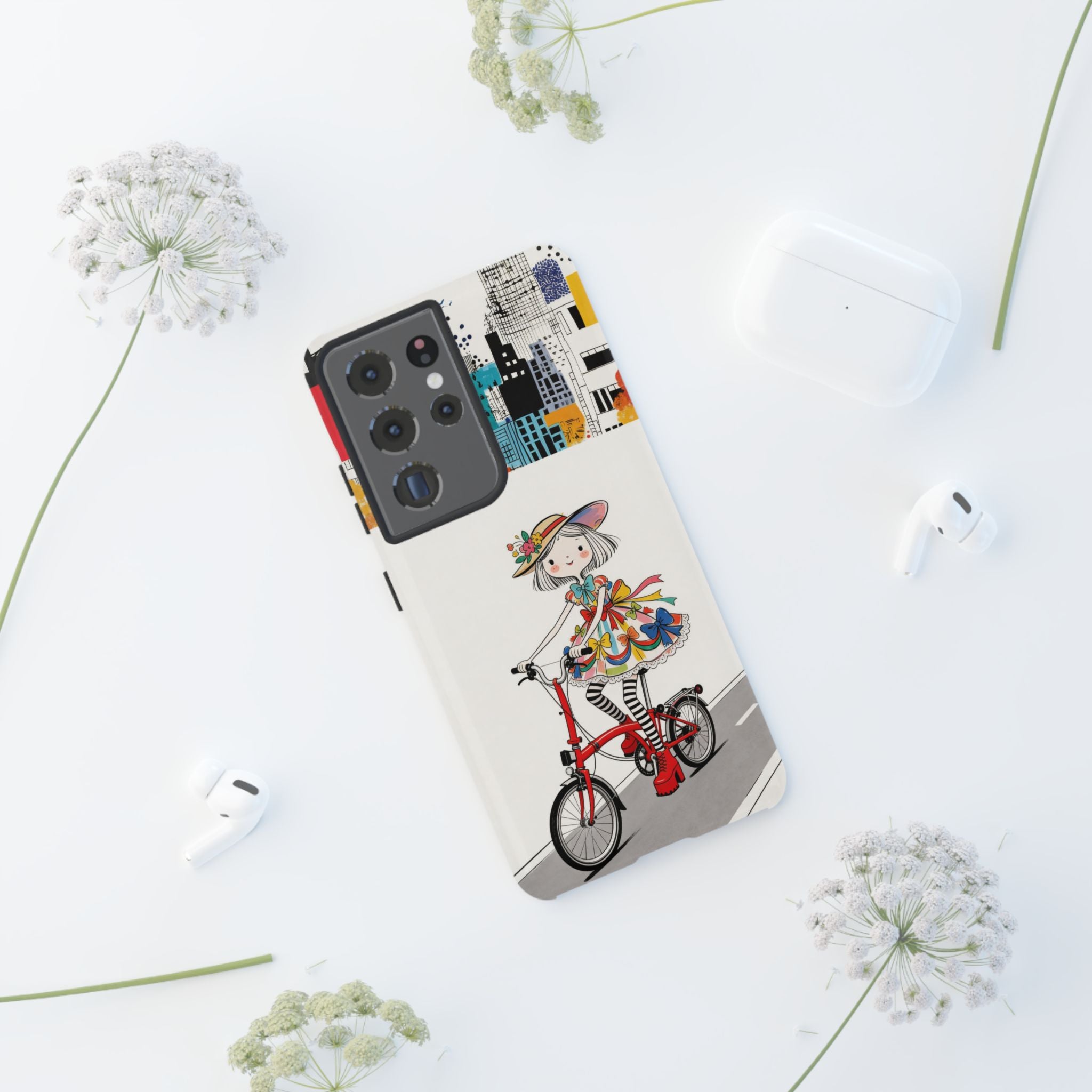 Whimsical Girl on Brompton Bicycle Urban Illustration Samsung Galaxy Phone Case