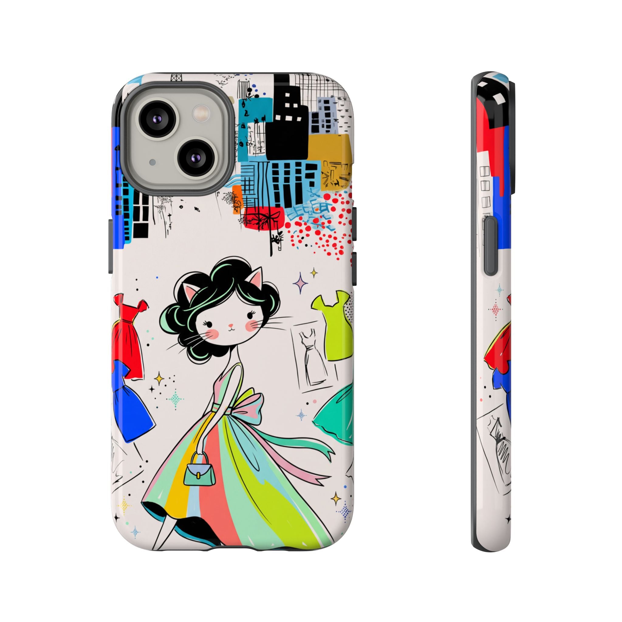 Retro Fashion Cat Girl iPhone Case | Cute Dress & City Print