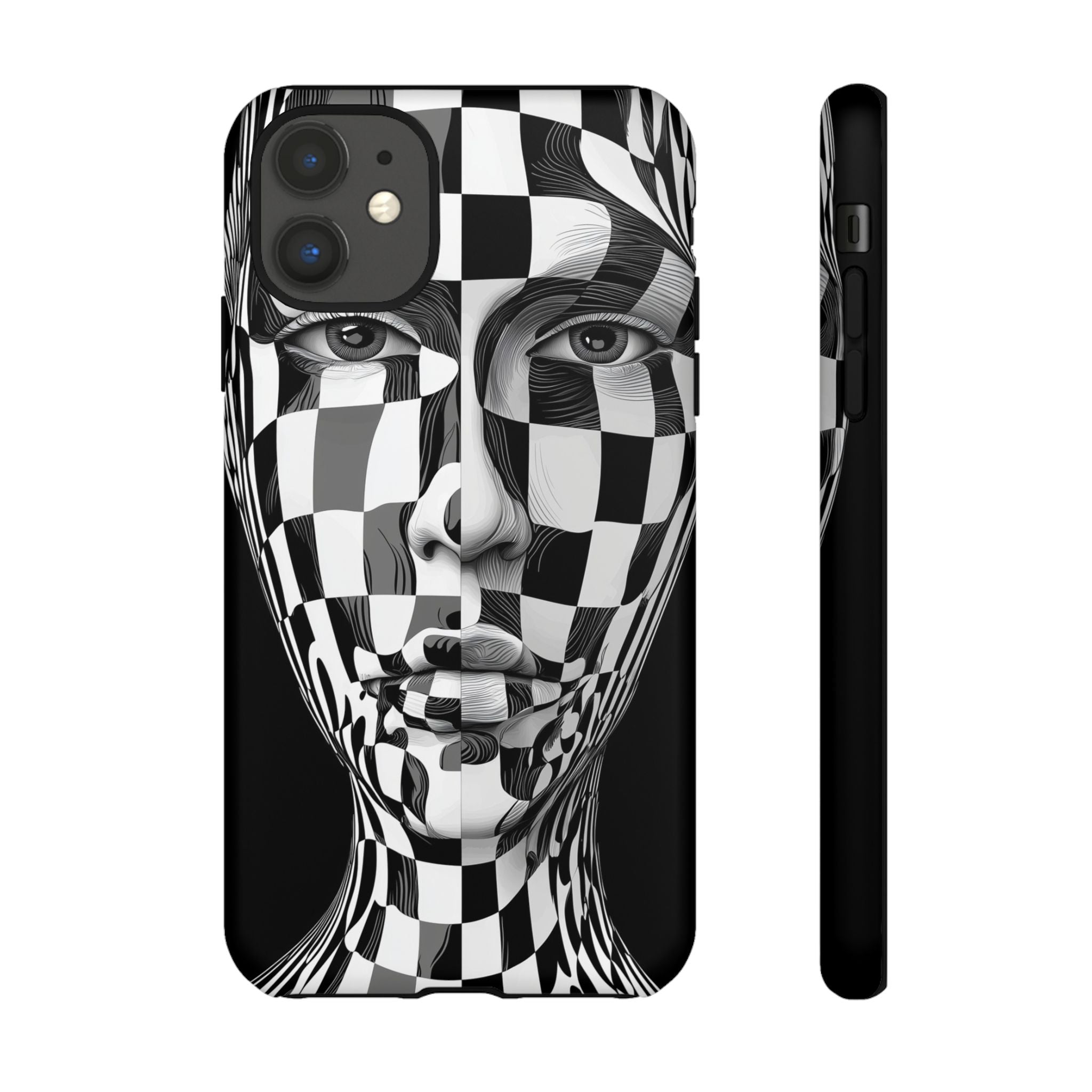 Checkerboard Face Tough iPhone Case — Black & White Surreal Art Protective Cover