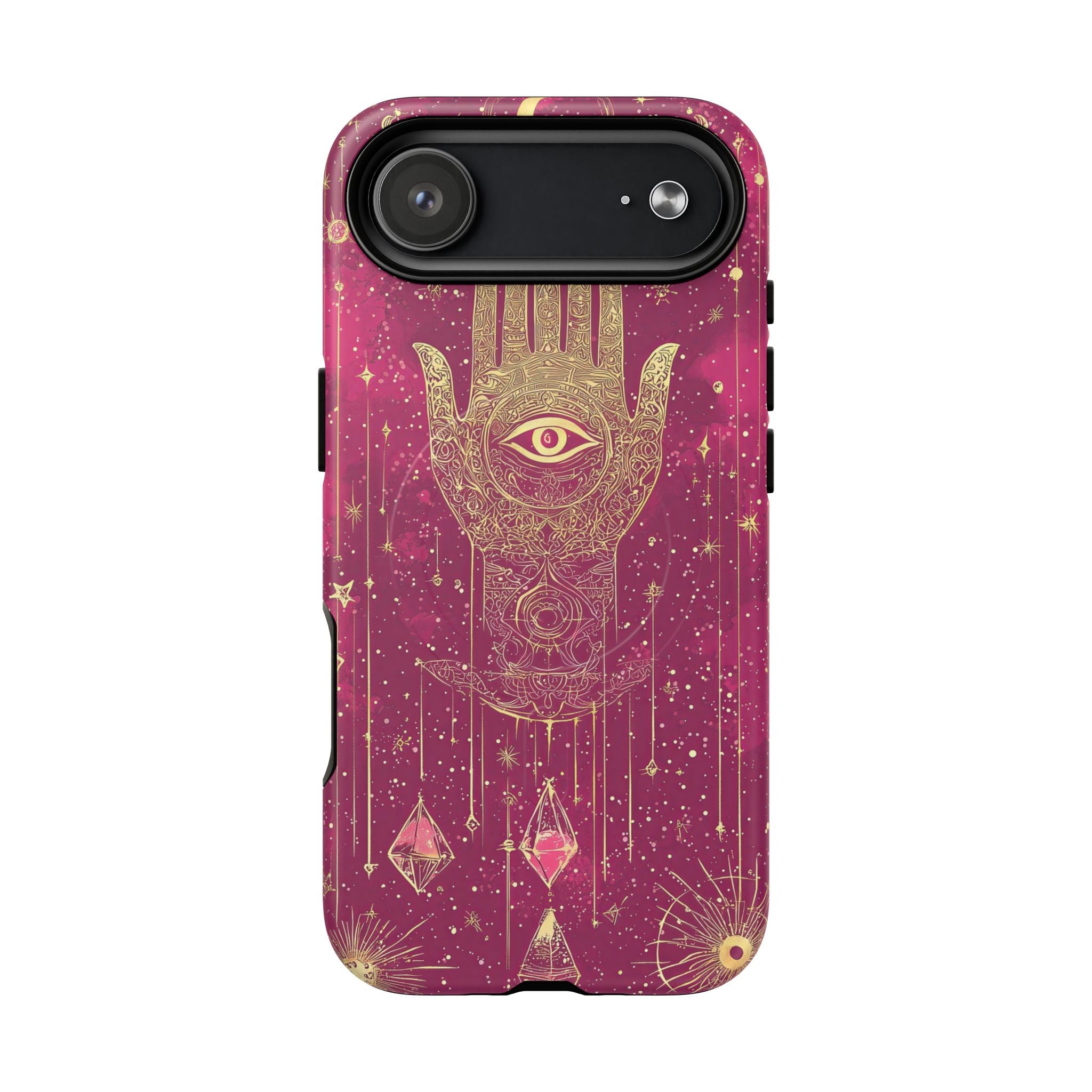 Custodia MagSafe per iPhone Mystic Hamsa | Palma dorata e occhio onniveggente su galassia magenta