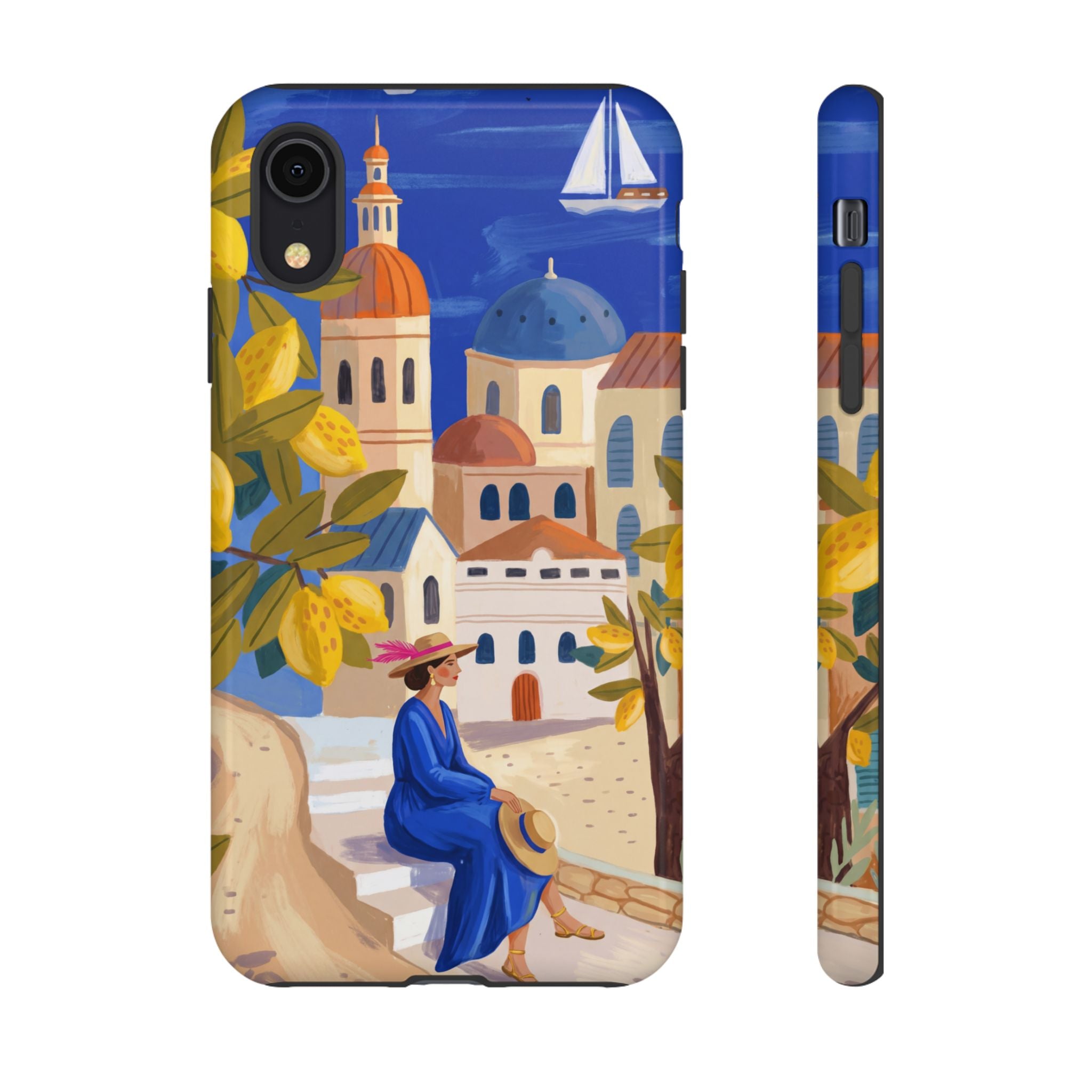 Mediterranean Village iPhone Case | Scenic Sailboat & Lemon Grove Design