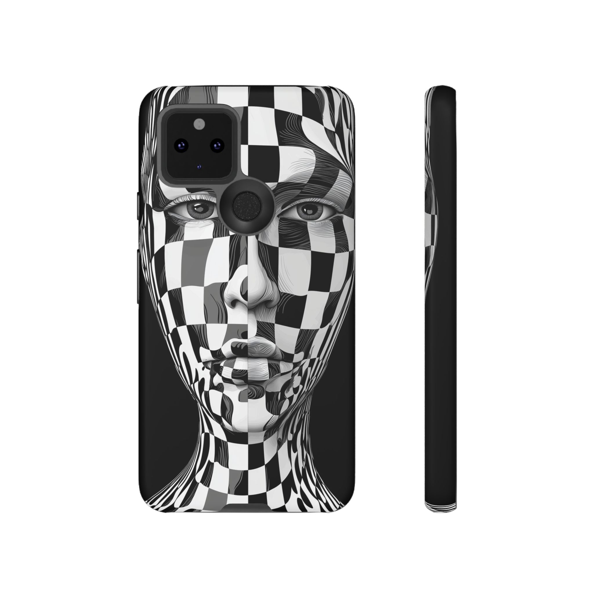 Checkerboard Face Tough Google Pixel Case — Black & White Surreal Art Protective Cover
